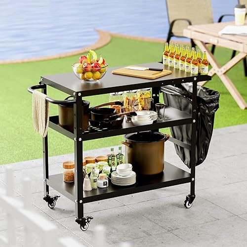 Miniatura 4 de Xilingol Carrito de parrilla al aire libre, mesa de soporte para horno de pizza con ruedas para patio exterior, mesa de preparación de cocina al