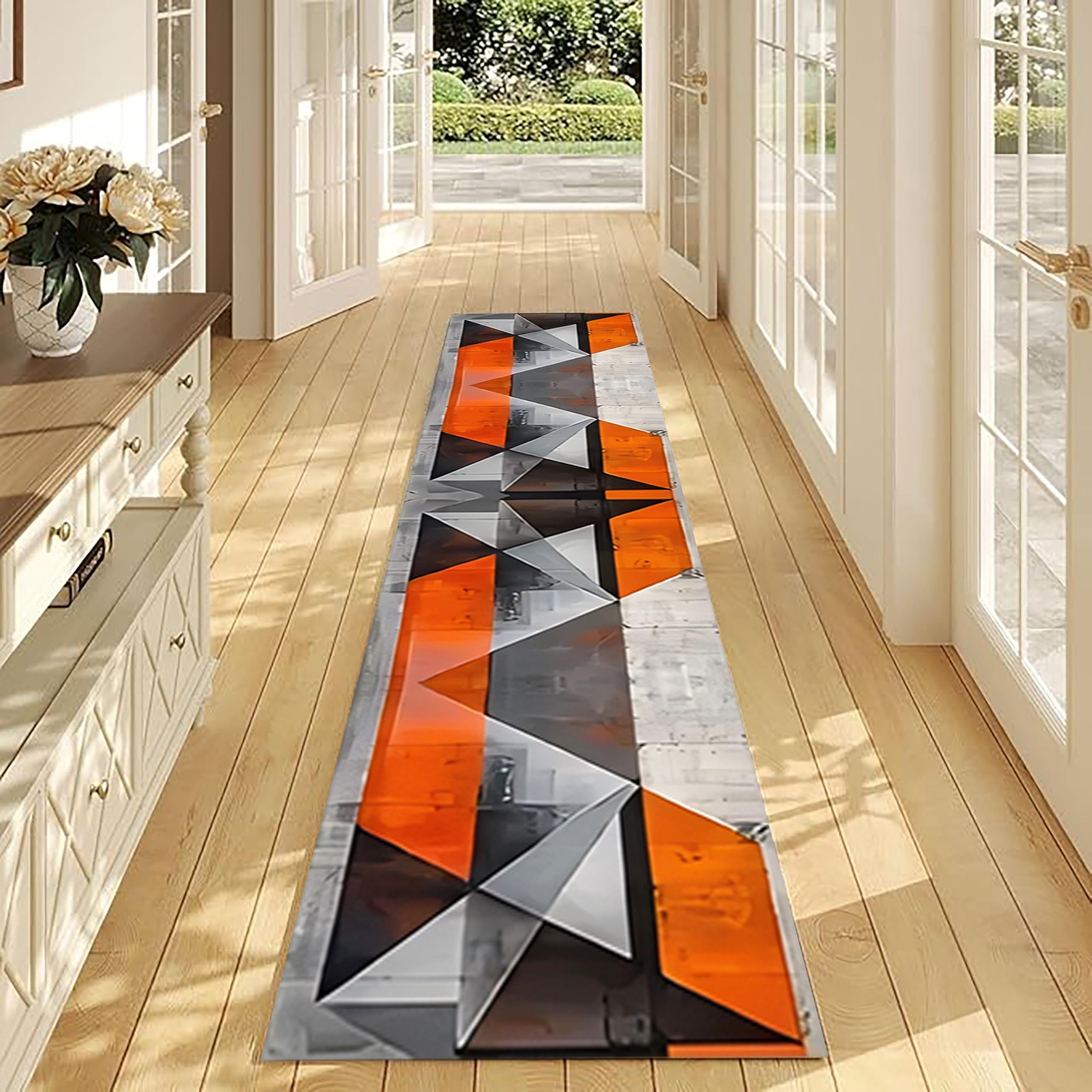Geometry Runners for Hallways,60x300cm, Abstract Geometric Modern Triangle Grey and Orange Luxurious Lattice Pattern Carpet Non Slip Washable Long Kitchen Runner Rug for Entryway Front Porch Bedroom