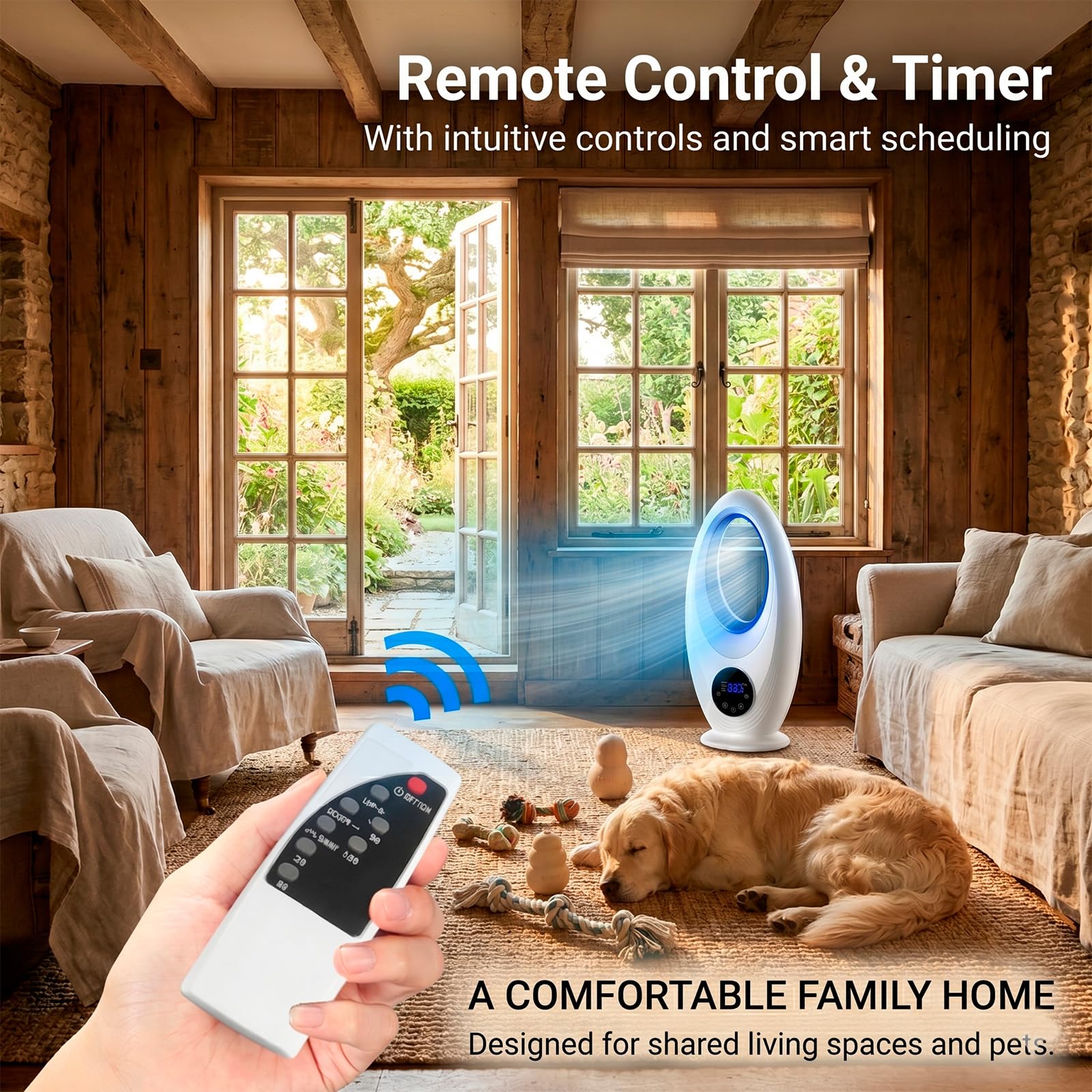 Ventilatore a Torre Senza Pale | Rotazione 60º | Telecomando | 3 Livelli di Velocità | Timer 7,5 ore | Condizionatore Portatile | con Luce Notturna | Casa