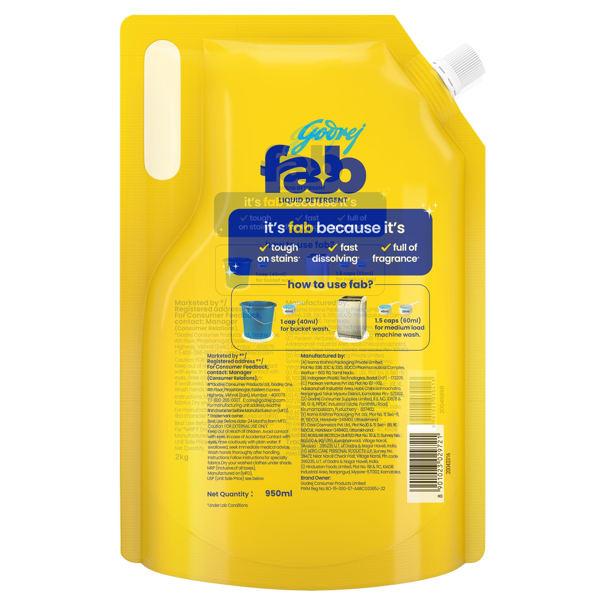 Godrej Fab Sacchetto di ricarica per detersivo liquido per lavatrice e lavaggio a mano, 2 kg