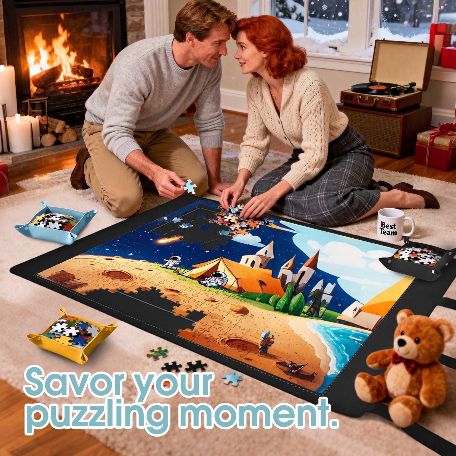 MOZOOSON Zwijana mata do puzzli 3000 sztuk - gumowa mata 95 x 150 cm - z 8 tacami i pudełkiem prezentowym, do puzzli 1000, 1500, 2000, 3000 sztuk