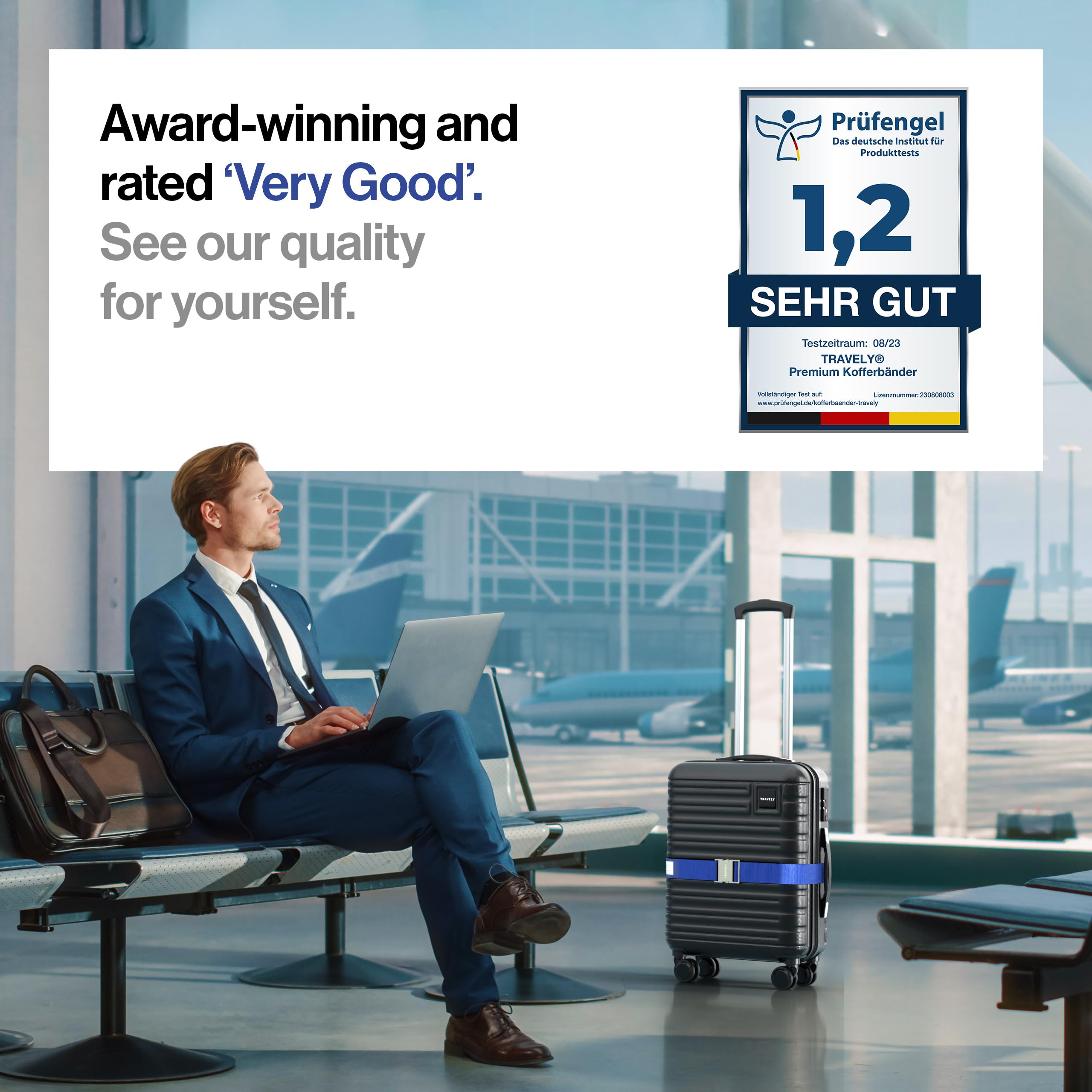 TRAVELY Premium pasek do walizki z metalową klamrą [2-częściowy zestaw] - szczególnie elegancki i rzucający się w oczy - bardzo wytrzymały I w zestawie tabliczka z nazwiskiem - Pasuje do bagażu