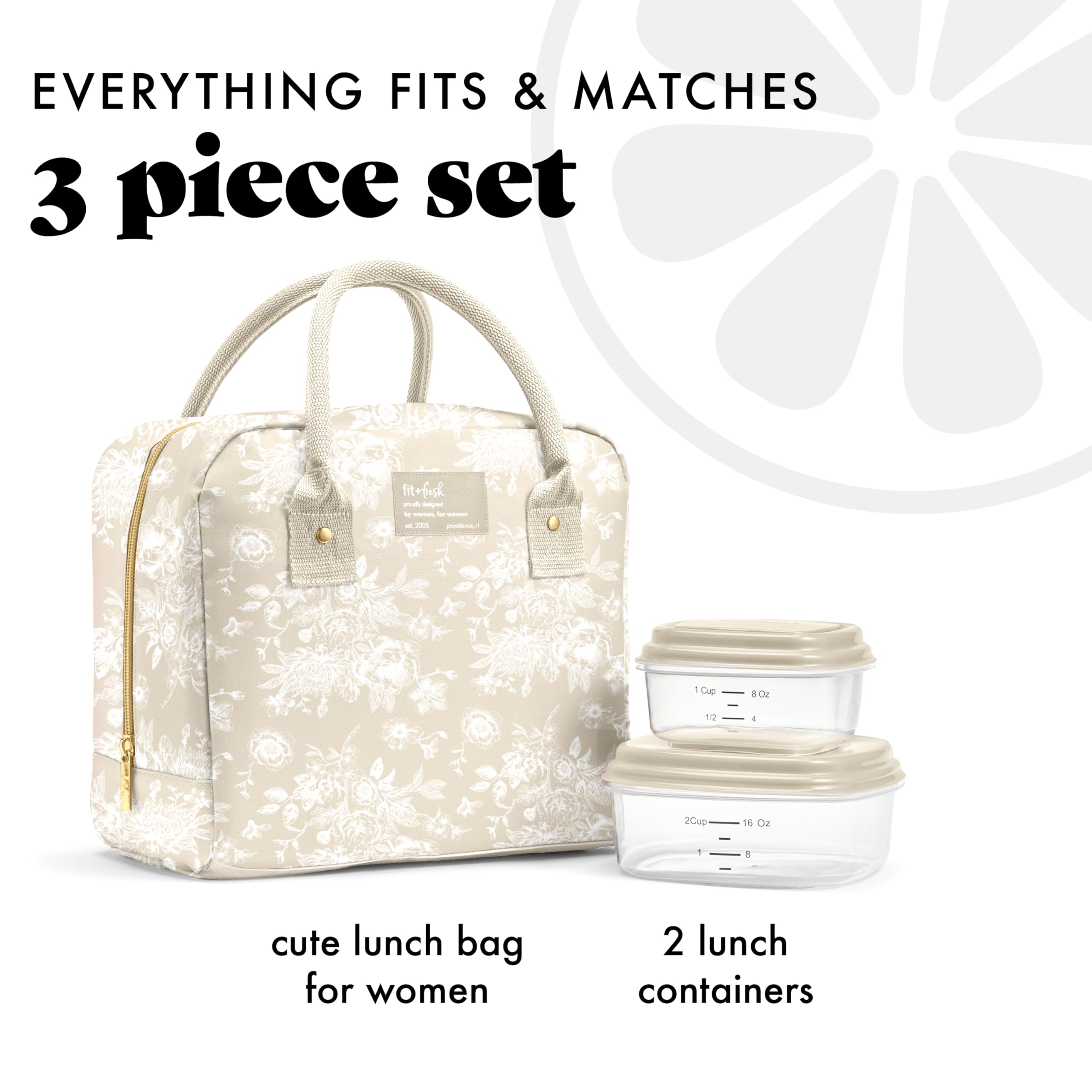 Fit & Fresh Bloomington Bolsa de almuerzo isotérmica para mujer – Gran caja de almuerzo isotérmica para trabajar con contenedores, antifugas, resistente a las manchas, cremallera, lona marrón claro