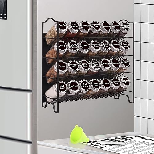 SWOMMOLY Organizador magnético de especias con 28 tarros de especias de vidrio, 396 etiquetas de especias con marcador de tiza y juego de embudo