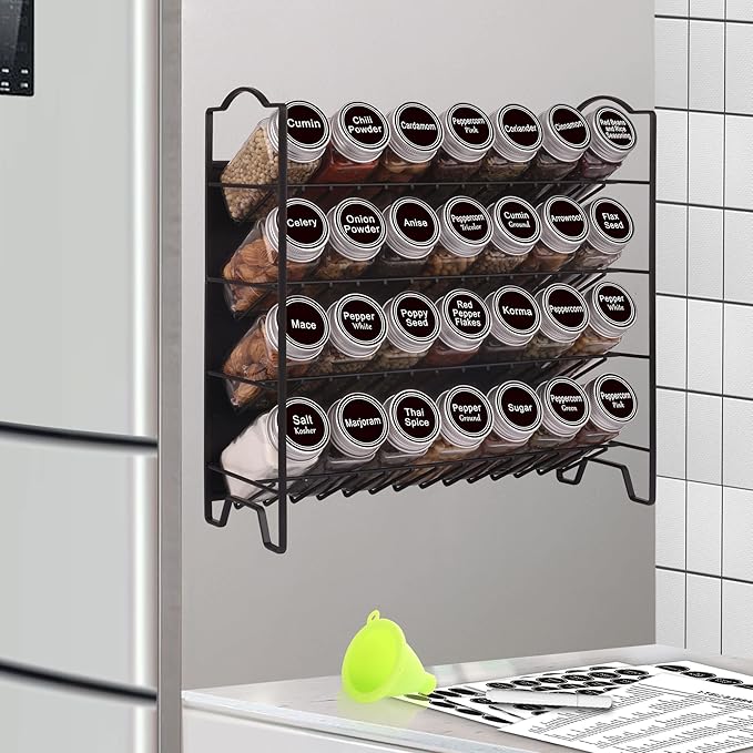 SWOMMOLY Magnetic Spice Rack Organizer with 28 Glass Spice Jars, 396 Spice Labels with Chalk Marker and Funnel Set for Refrigerator, Metal Fridge, Microwave, Cabinet, Countertop,12.9