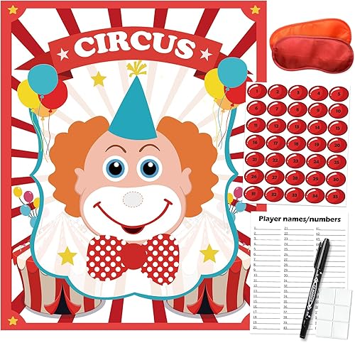 PARTYLOUD Pin The Nose on The Clown, juegos de fiesta de circo, juegos de fiesta temática de carnaval, suministros de fiesta preescolar para niños,