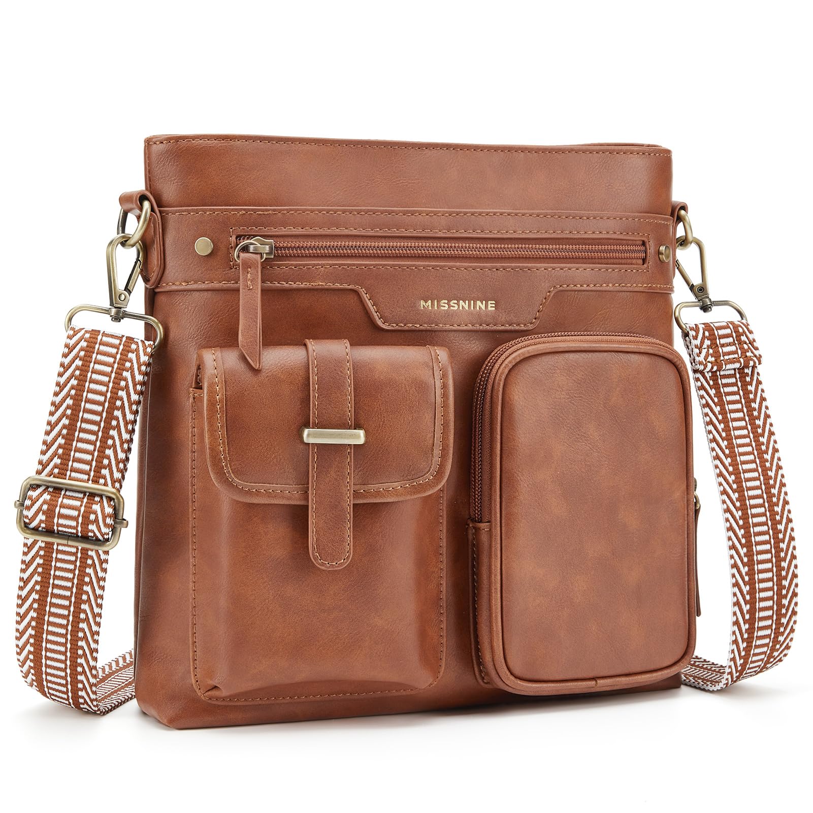 Missnine Crossbody Bags for Women Leather Purses Multi Pocket Trendy Shoulder Handbags with Adjustable Guitar Strap