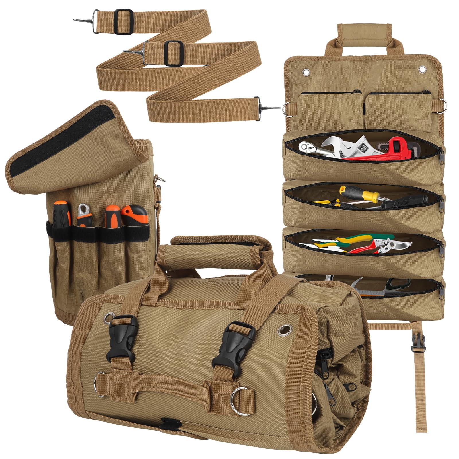 SIUTCOTool Roll Up Bag, Heavy Duty Roll Up Bag Organizer with Detachable Tool Pouches, Gift for Men, Father Day, Tool Roll Bag For Mechanic, Electrician，Plumber,Carpenter(Exclude Tools) (KHAKI)