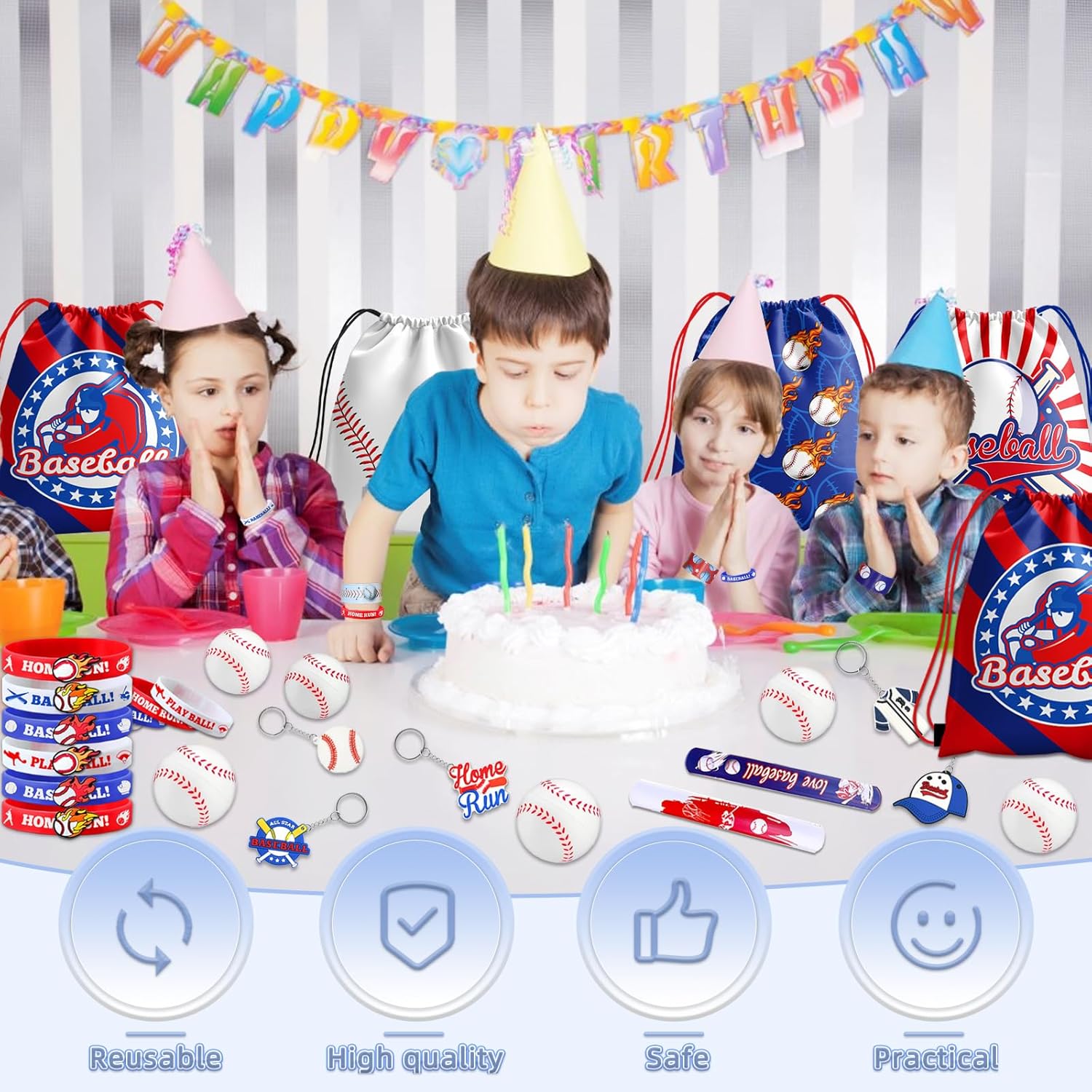 Bluegogo 72 Pcs Baseball Birthday Party Favors, Baseball Goodie Bags Includes Baseball Bag Mini Baseball Wristband Keychain Slap bracelet for Kids Baseball Birthday Party Supplies