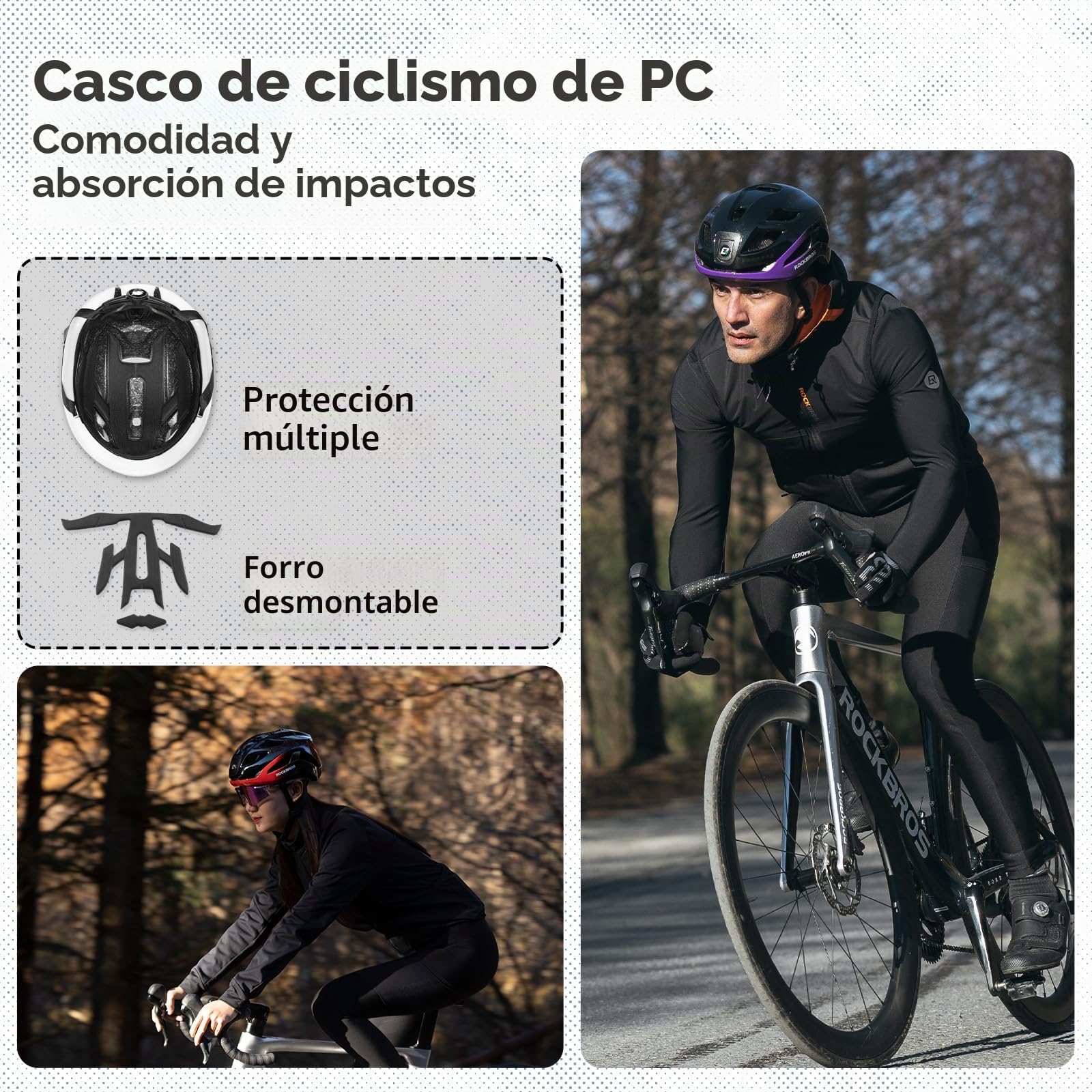 ROCKBROS Casco de Bicicleta con Luz Delantera Lateral y Trasera, Casco Ciclismo Adulto para Hombre Mujer, Casco de MTB Ajustable 58-60 cm