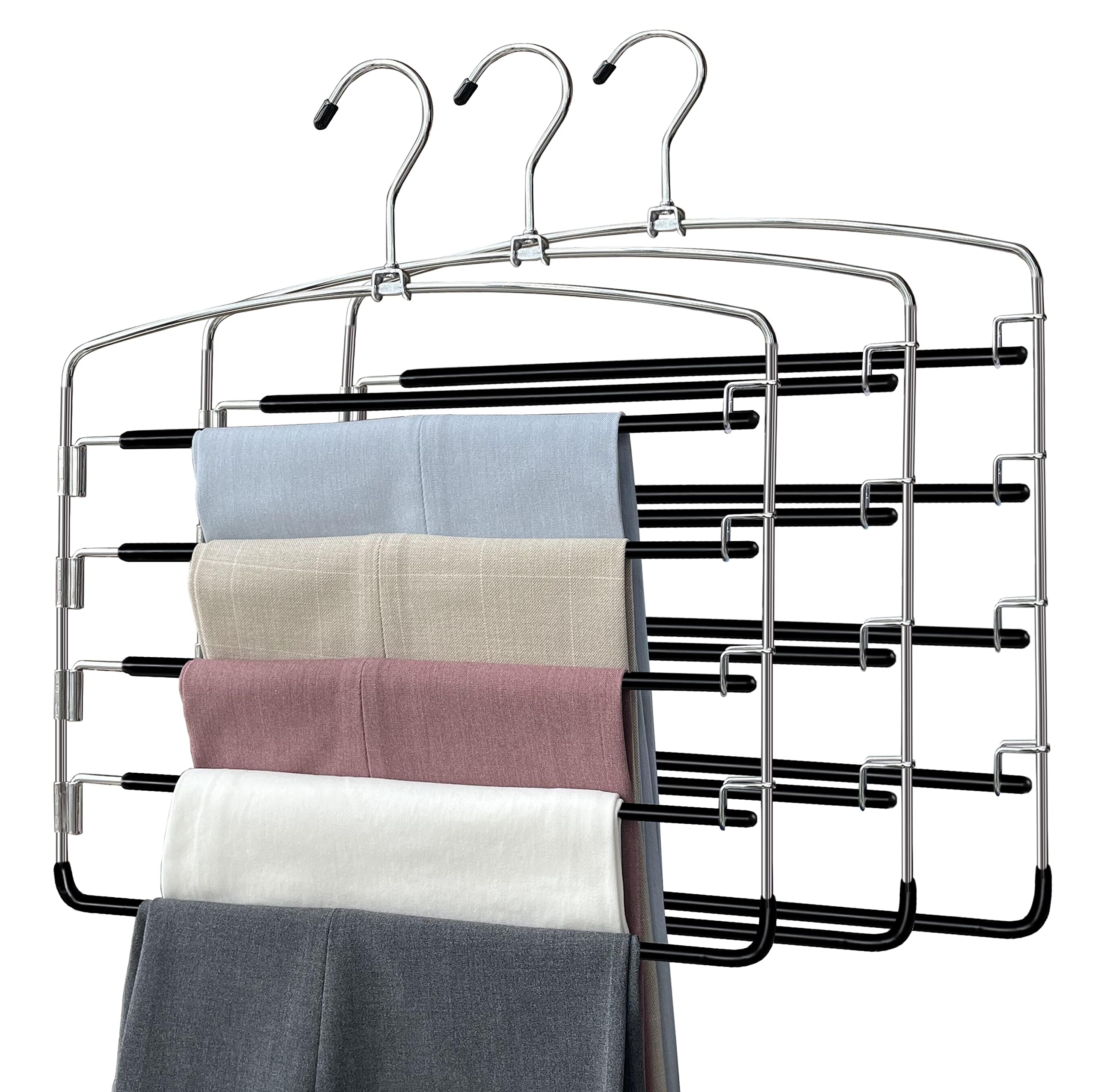 Set di 3 Grucce Pantaloni Salvaspazio, Grucce Multifunzionali con 4 Bracci Girevoli e 5 Rivestimenti Antiscivolo per Pantaloni, Jeans, Asciugamani e Sciarpa