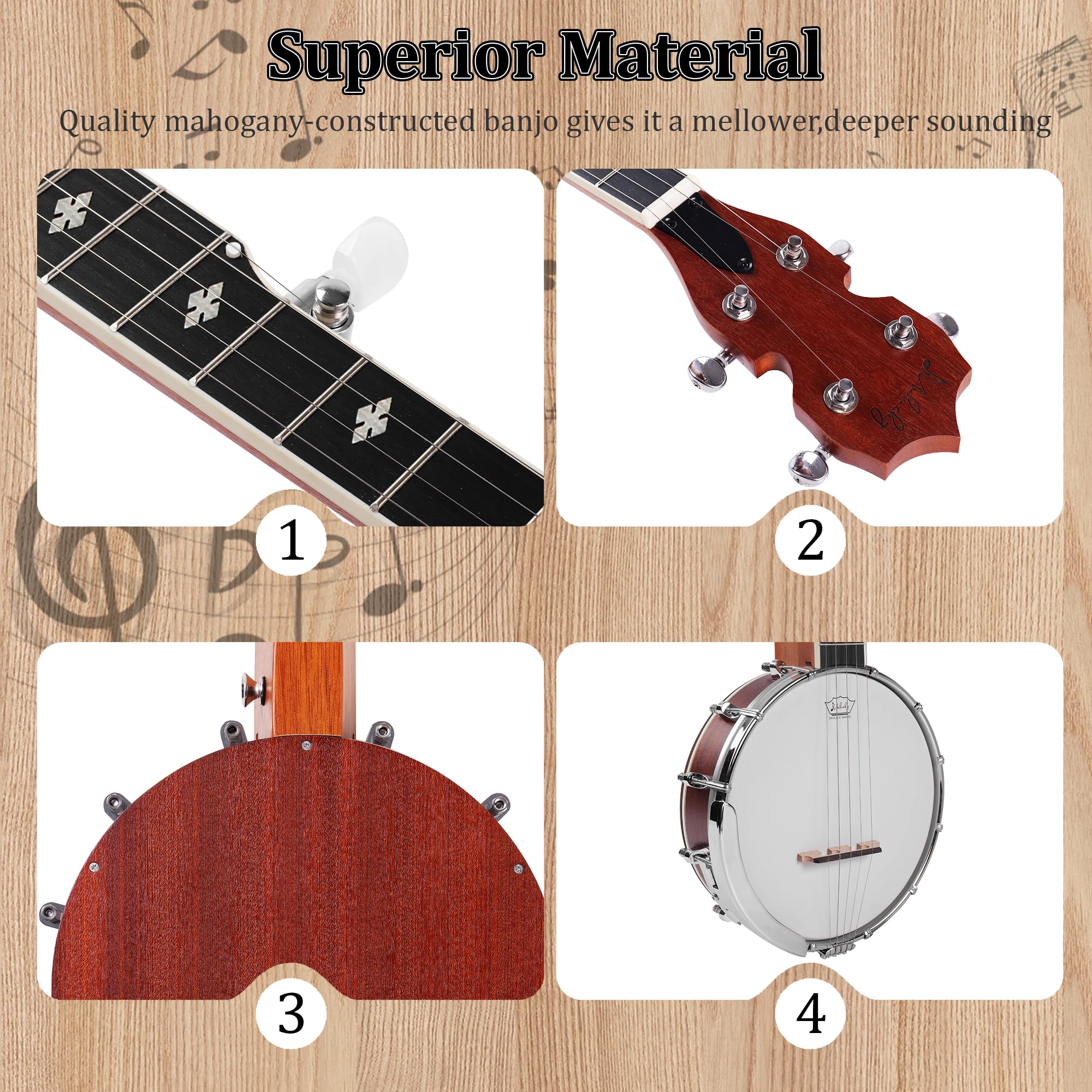 Mulucky Mini banjo a 5 corde, 66 cm, da viaggio, con corpo chiuso e solido posteriore, kit per principianti, con custodia, plettri, tracolla, B807