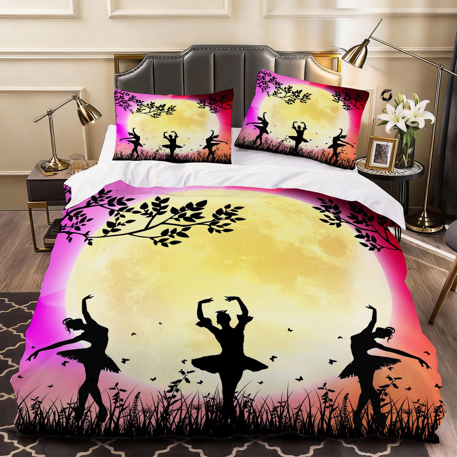 3D Ballerina Duvet Cover Kids Girls Bedding Single Bed Set, Soft Microfiber Comforter Cover Printed with Zipper Closure Quilt Coverr 135x200 cm and 2 Pillowcases