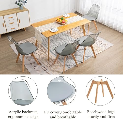 Miniatura 19 de ANOUR Juego de 4 sillas de comedor, modernas sillas de comedor de acrílico transparente con asiento de cuero sintético y patas de haya macizas,