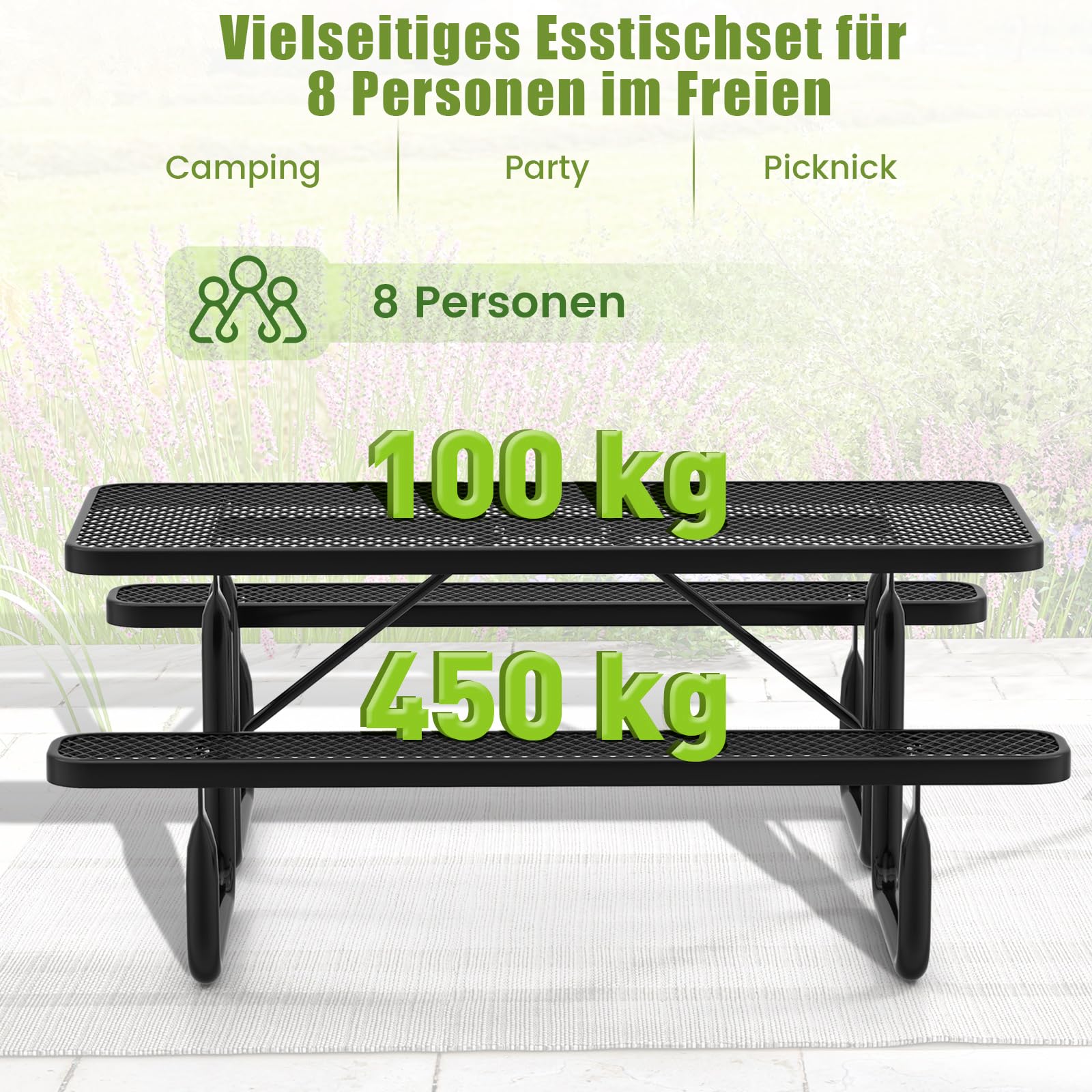 COSTWAY Zestaw do namiotu piwnego 184 cm, z powlekanego metalu, odporny na warunki atmosferyczne stół piwny z 2 ławkami, zestaw do siedzenia dla 8 osób, do ogrodu, na taras, czarny