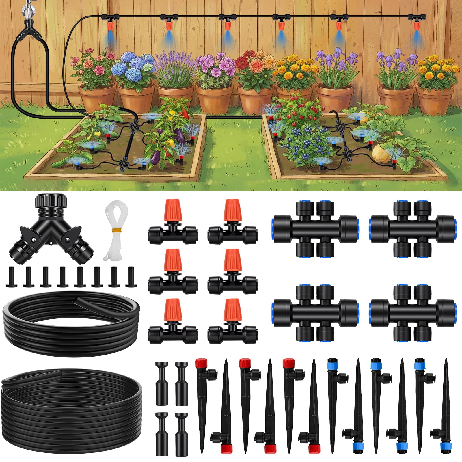 4,8 m Quick-Connect-Tropfbewässerungssystem | 1 cm & 30 Fuß 0,6 cm Schlauch, Tropfbewässerungsset mit verstellbaren Düsen, automatisches Gartenbewässerungssystem