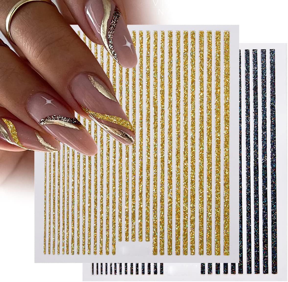 6 Sheets 3D Glitter Lines Nail Art Stickers - Gold Metallic Supplies, Metal Decals, French Effect Silver Design, Simple Line Glitter Sticker for Women DIY Decoration