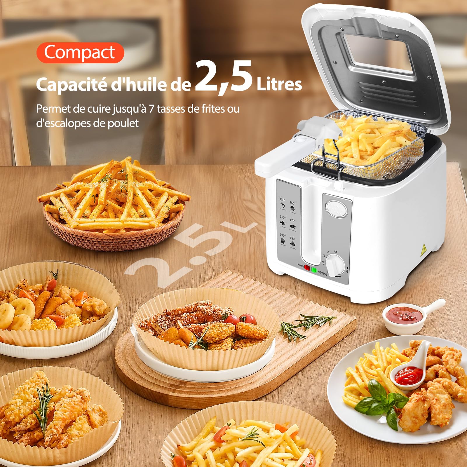Aigostar Indra 30HEX Friteuse Électrique 2,5 L Blanc | Cuve avec Huile pour 2 Personnes, 1650W et Panier Amovible