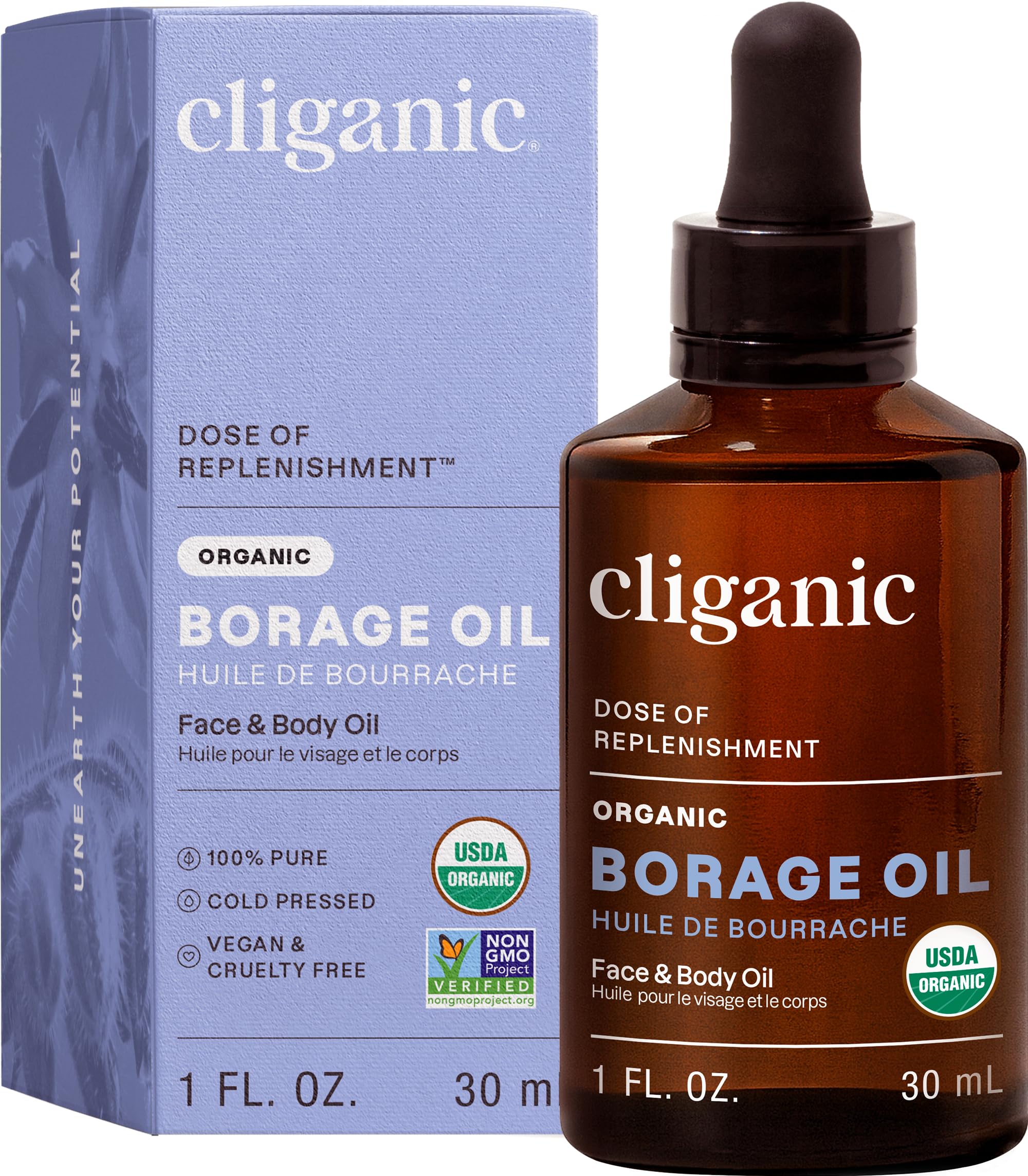 Cliganic Organic Borage Seed Oil for Face, 100% Pure (1oz) - Natural Non-GMO Cold Pressed