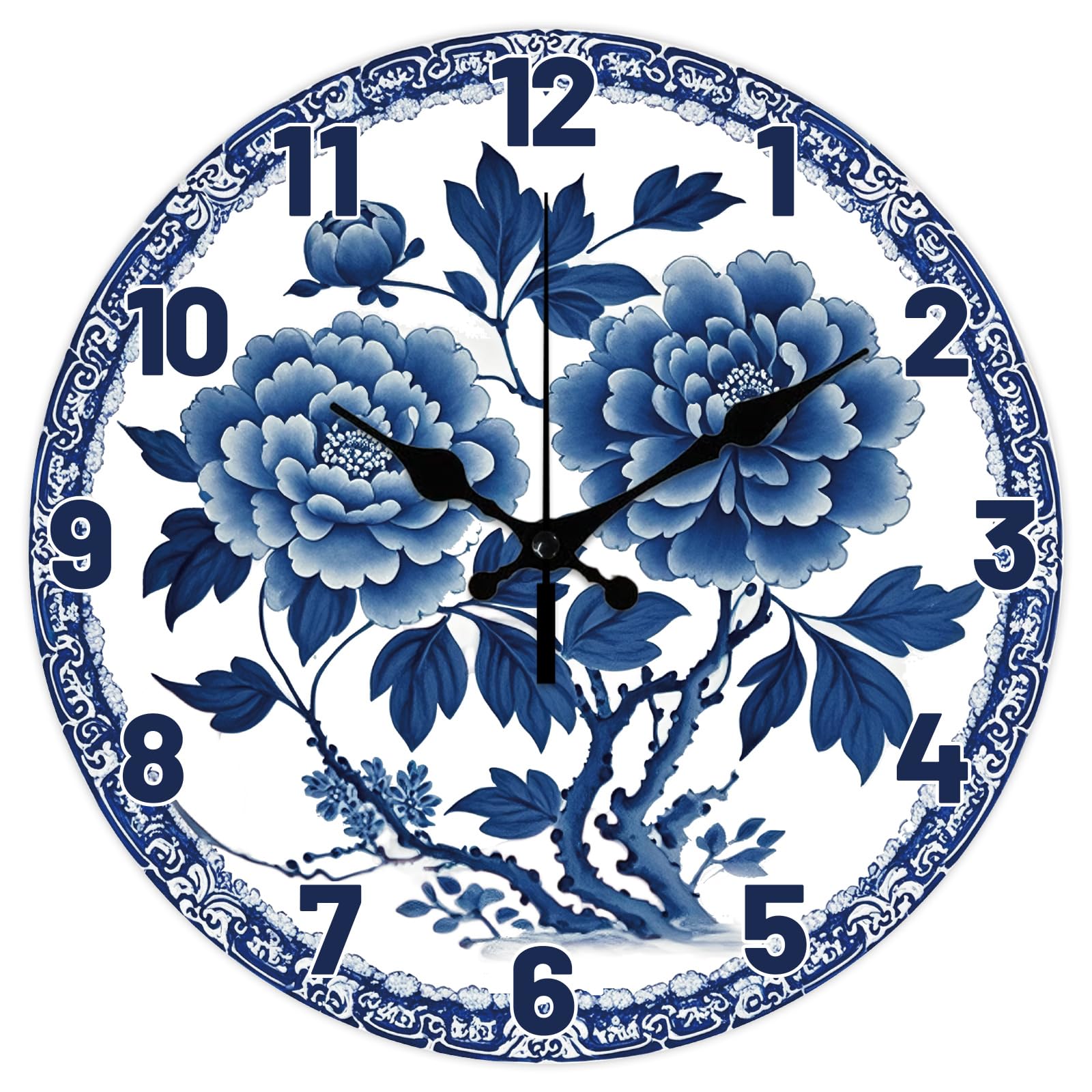 CHGCRAFT 12 Inch Blue and White Porcelain Peony Flowers Wood Board Round Wall Clock Battery Operated Silent Non Ticking, for Bedroom Living Room Kitchen Office Home Decor