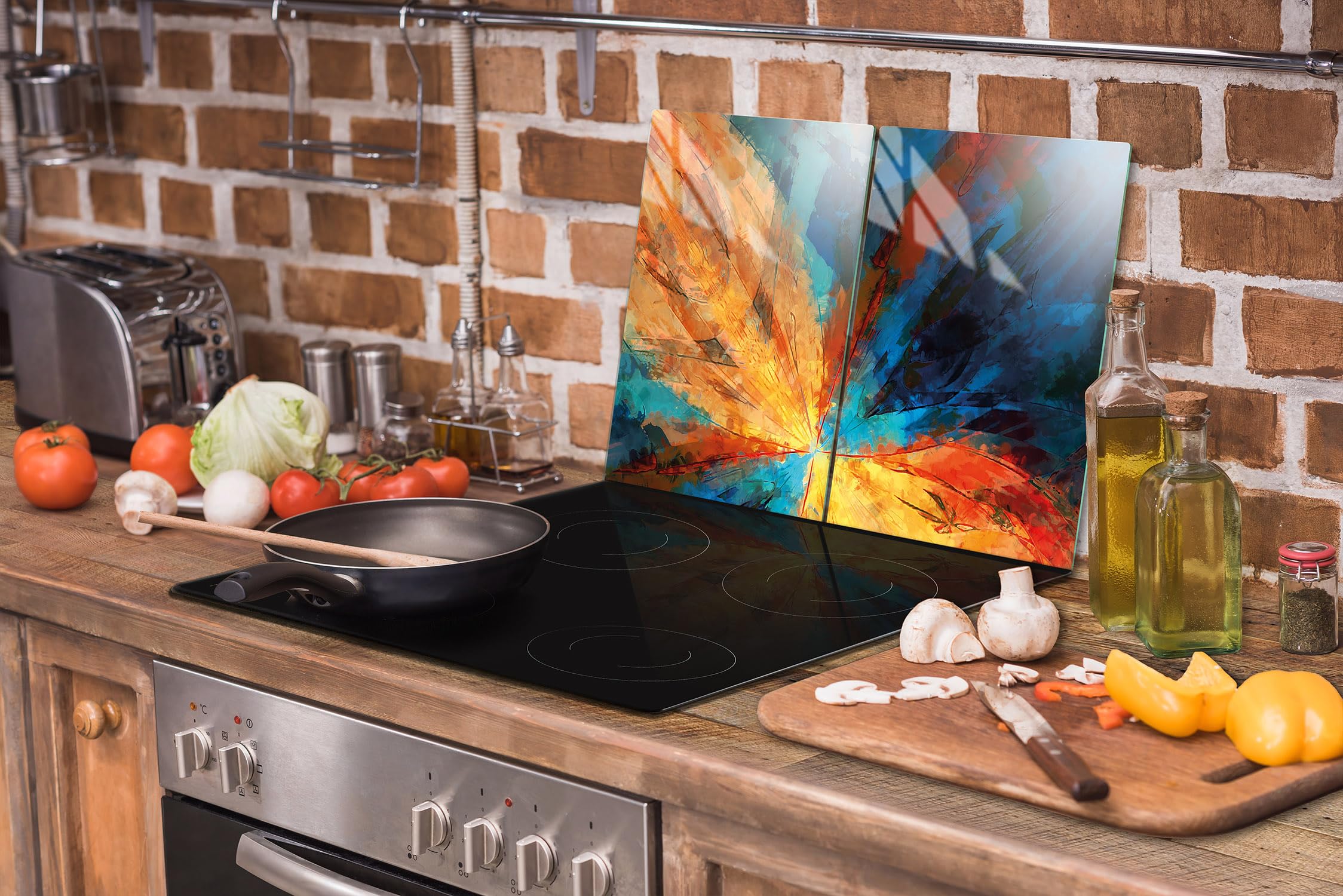 TMK ArtDeko Piastra di copertura per piano cottura in vetroceramica 35 x 52 cm 2 pezzi induzione universale per piani cottura protezione antispruzzo tagliere in vetro temperato, montagne