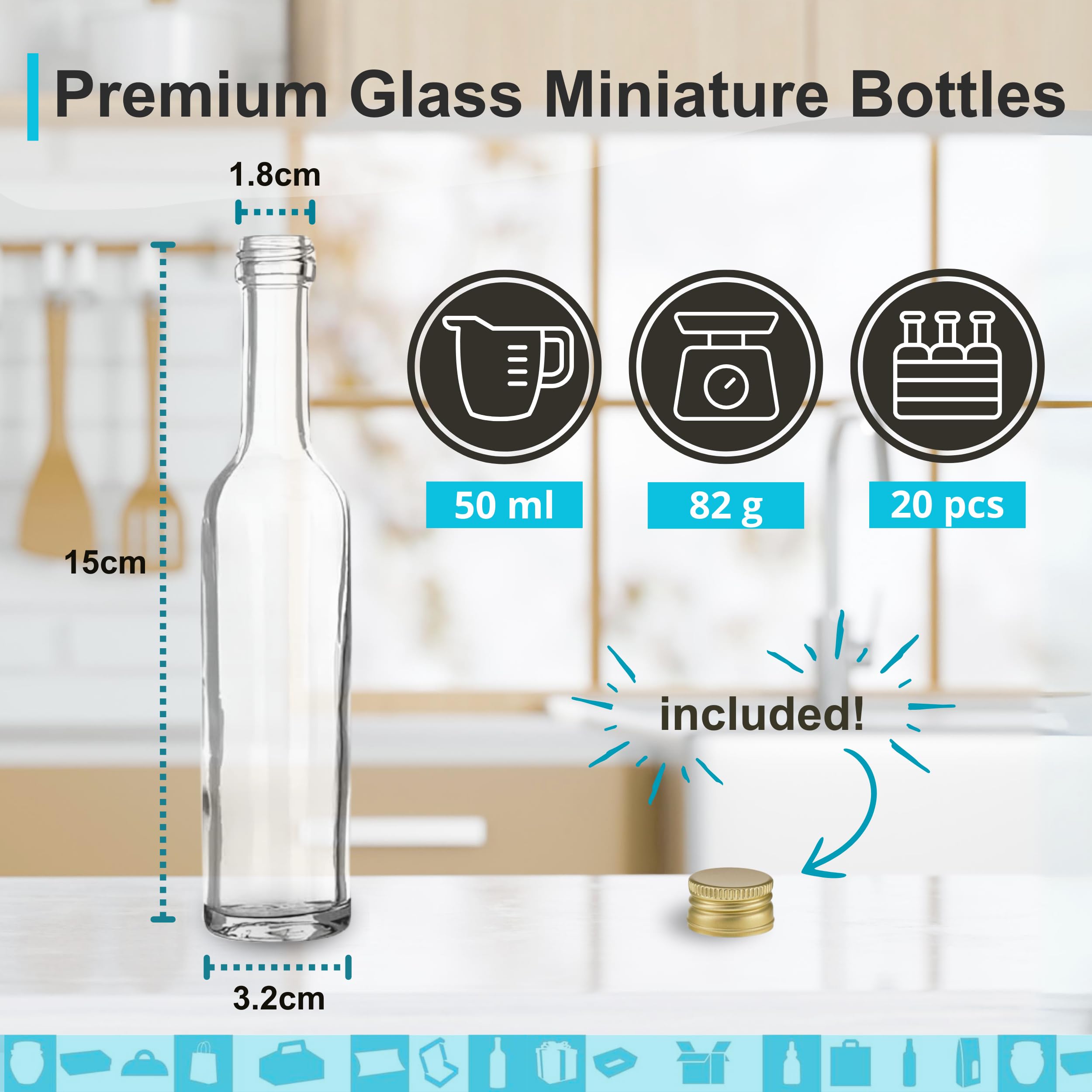 Espirito Rebelde Pack de 20 mini botellas de cristal de 50 ml con tapón de rosca dorada, mini frascos de alcohol, pequeños frascos de muestra, regalos, bodas.