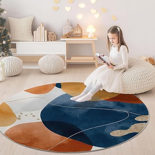Miniatura 5 de Orange Blue 7 ft Non-Slip Area Rug, 7x7 Washable Boho Retro Color Block Soft Thin Rug  Easy to Clean Non-Shedding Suitable for Living Room Bedroom