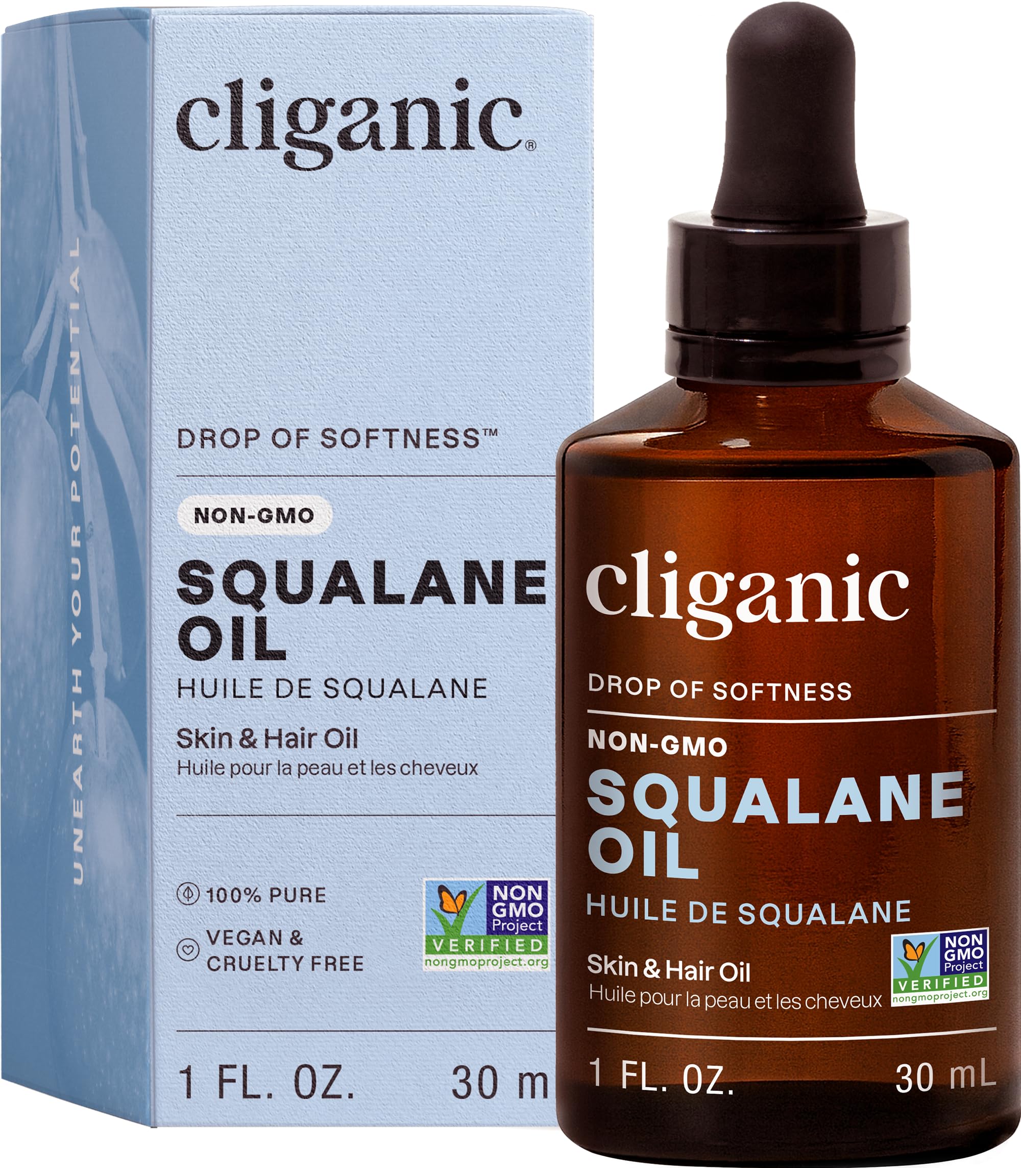 Cliganic Pure Squalane Oil for Skin & Hair (1oz) - Non-GMO Verified, Natural Plant-Derived Face Moisturizer