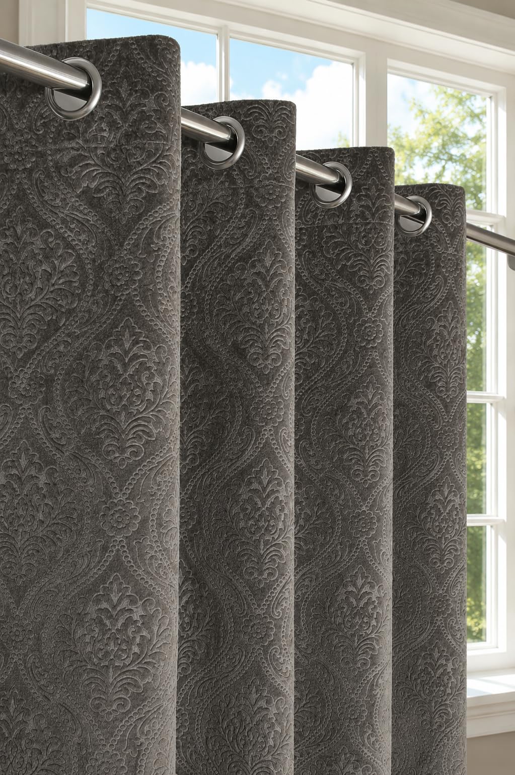 Velvet Embossed Curtains - 7 Feet Long, Cream -9 Velvet Embossed Curtains - 7 Feet Long, Cream -9