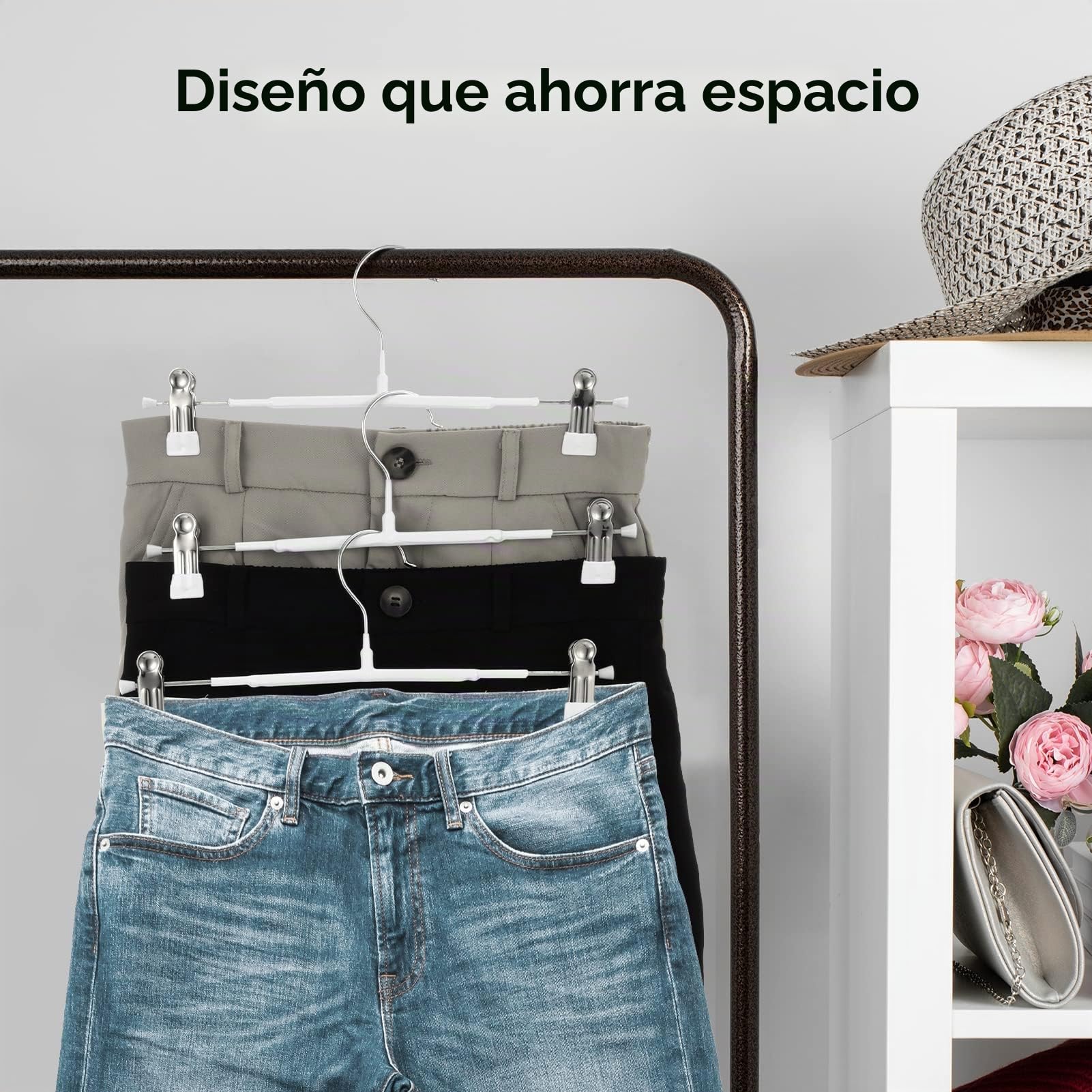 GUANJUNE Perchas finas para pantalones, perchas antideslizantes para pantalones con clips ajustables, perchas que ahorran espacio para ropa, faldas, jeans, abrigos (blanco, 10)