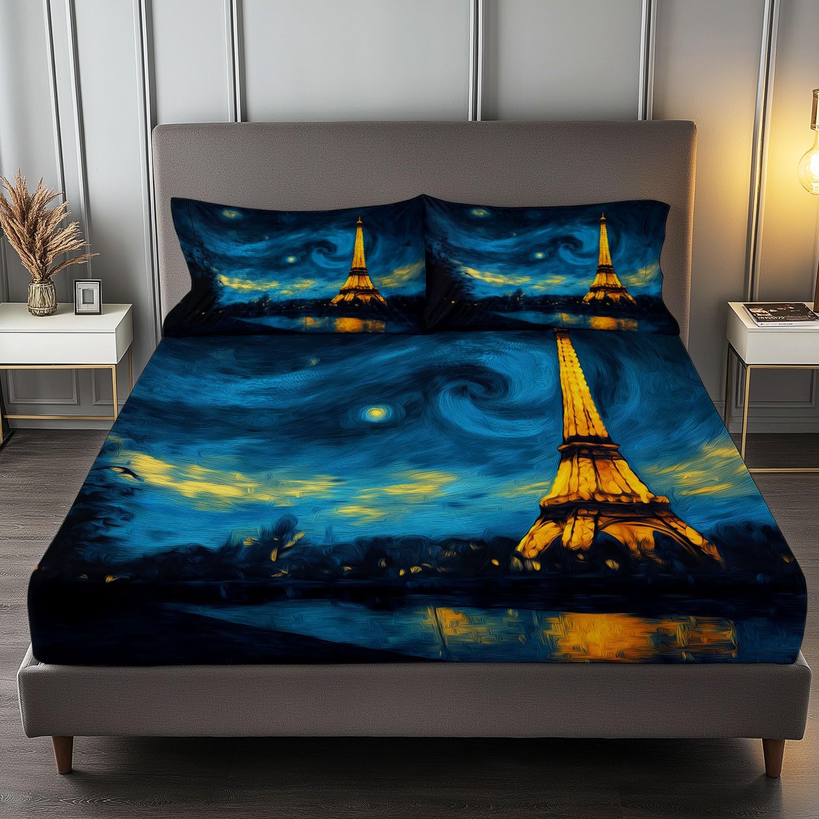 Film Notte Stellata Torre Eiffel Lenzuola con Angoli Lussuose, Blu scuro Lenzuolo con Angoli per Bambino e Adulto, 180 x 200 cm Profondità 30 cm, Lenzuola Resistenti allo Sbiadimento