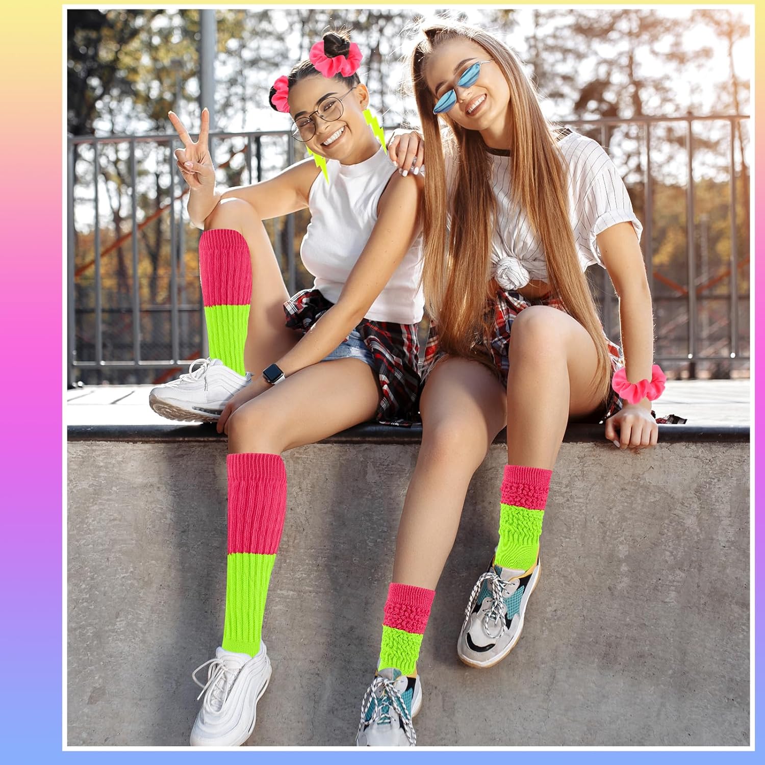 Neon Slouch Socks for Women, 80s 90s Scrunch Knee High Socks with Neon Earrings and Scrunchies for 80s 90s Party - Image 3