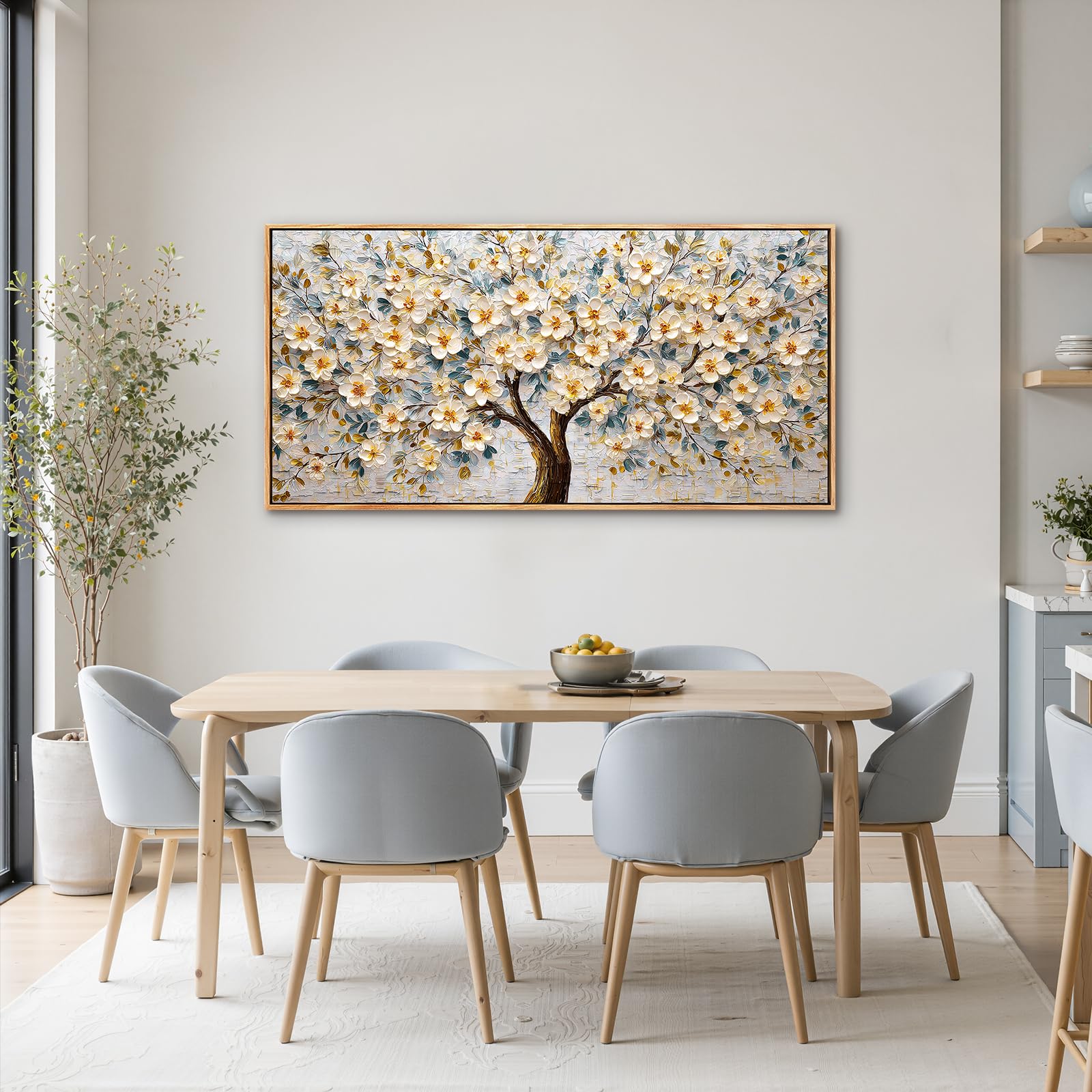 SERIMINO Natürliche Wandbild mit Rahmen Baum des Lebens Bilder 73x146 cm | Weissgoldene Blüten Wanddeko, Hochauflösender Druck, Leinwand Holzrahmen, Einfache Montage, Als Geschenk Geeignet