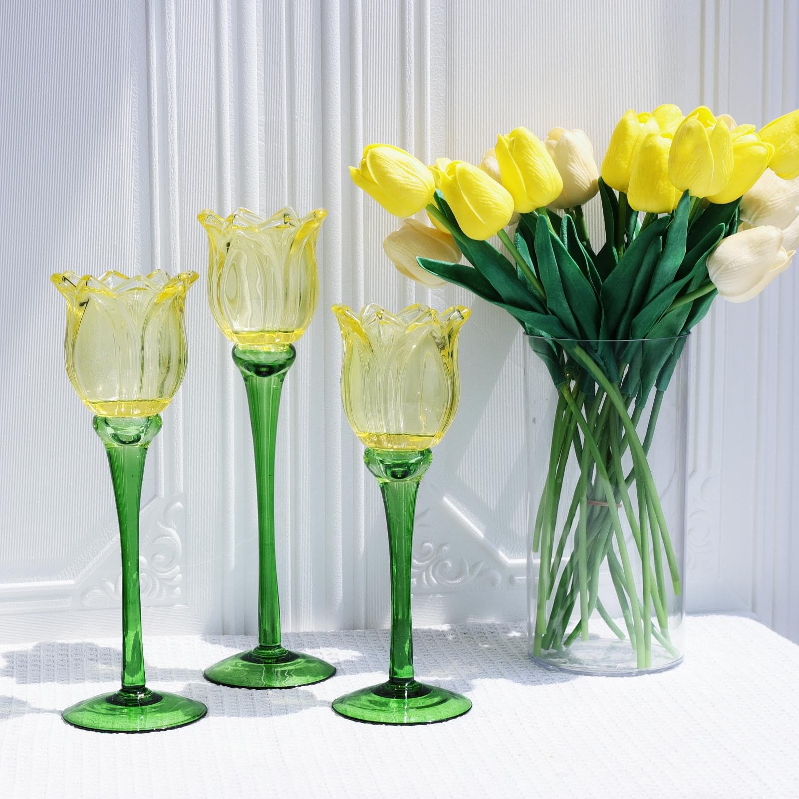 VOHO Lot de 3 bougeoirs en forme de tulipes jaunes pour décoration d'intérieur moderne, cadeau d'anniversaire pour femmes, amies, photophores en forme de tulipe pour centre de table de fête