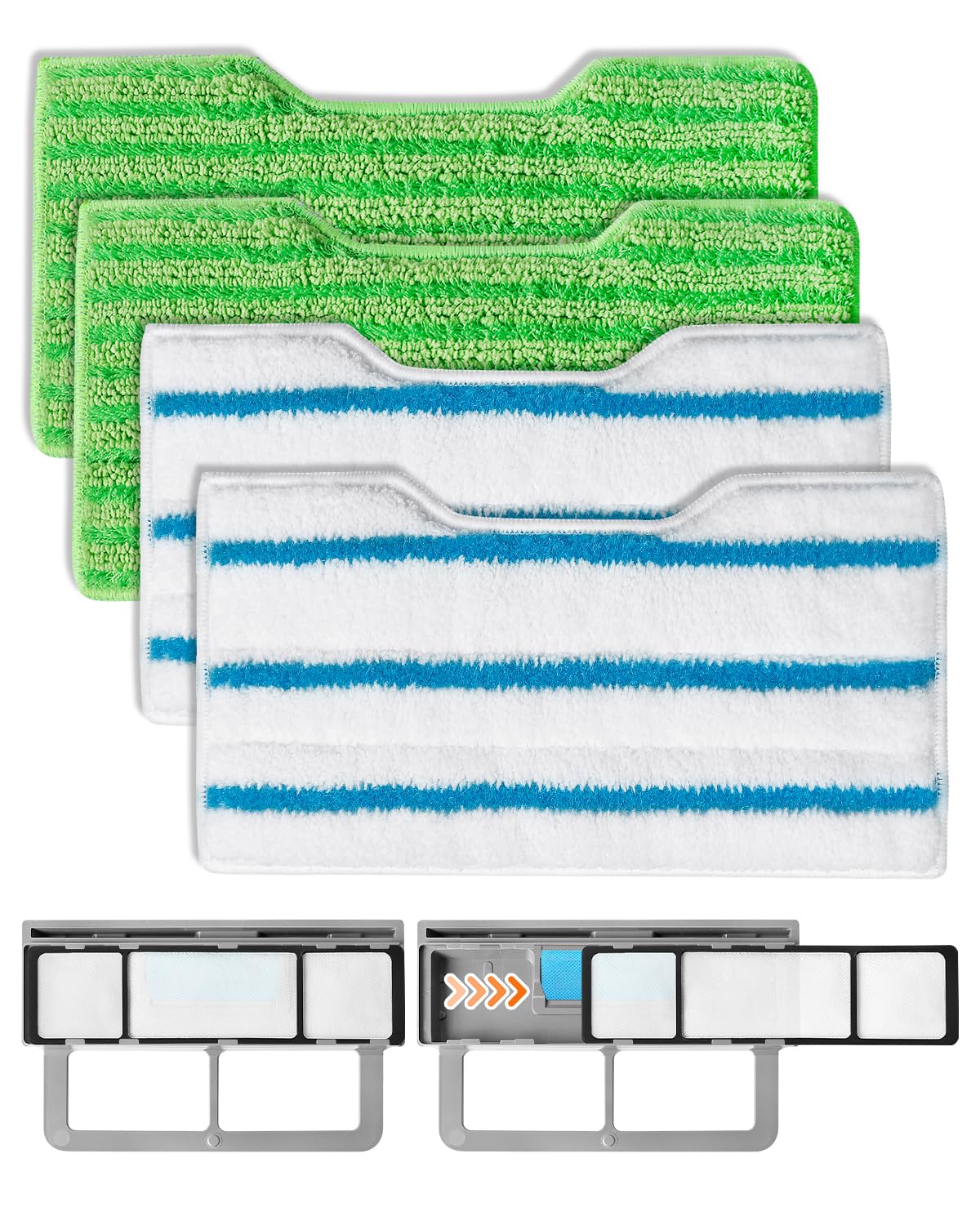 ZaKaBox 4 Refills for Shark Vac Mop Pads, Reusable Refills for Shark Vacmop Replacement Pads, Deep Cleaning and Excellent Absorption, 2 Green + 2 Blue-White with 1 Upgraded Dirt Chamber + 2 Filters