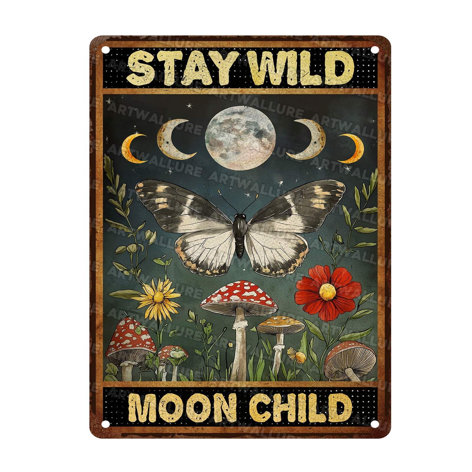 Butterfly Vintage Tin Sign Stay Wild Moon Flower Metal Signs Mushroom Signs for Bedroom Hippie Room Decor 12x16Inch