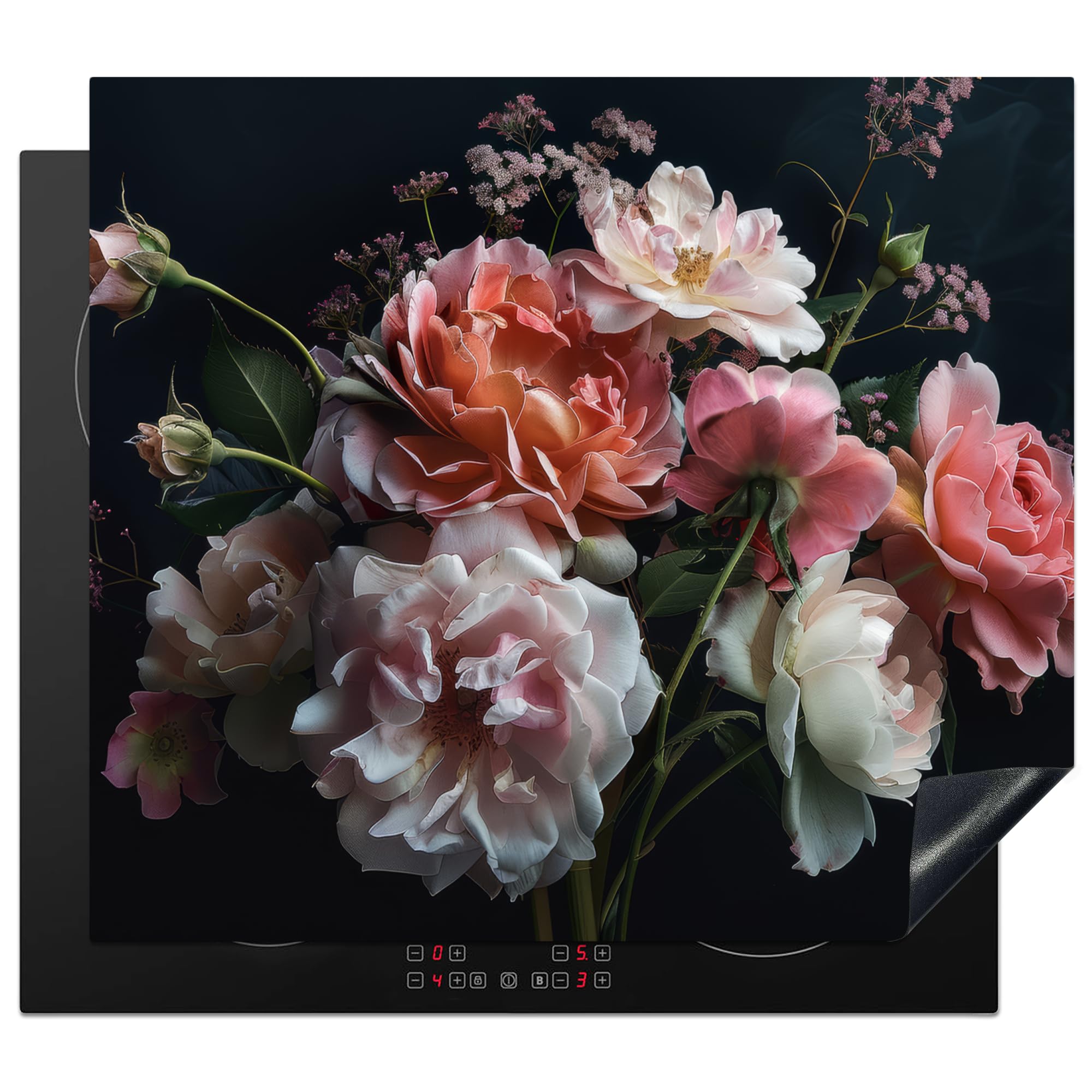 KitchenYeah© Induction Hob Cover Protector Mat 20.1"x23.2" / 59x51 cm Kitchen Universal Ceramic Covers for Electric Cookers Vinyl Flowers - Roses - White - Pink - Botanical - Plants — image 1