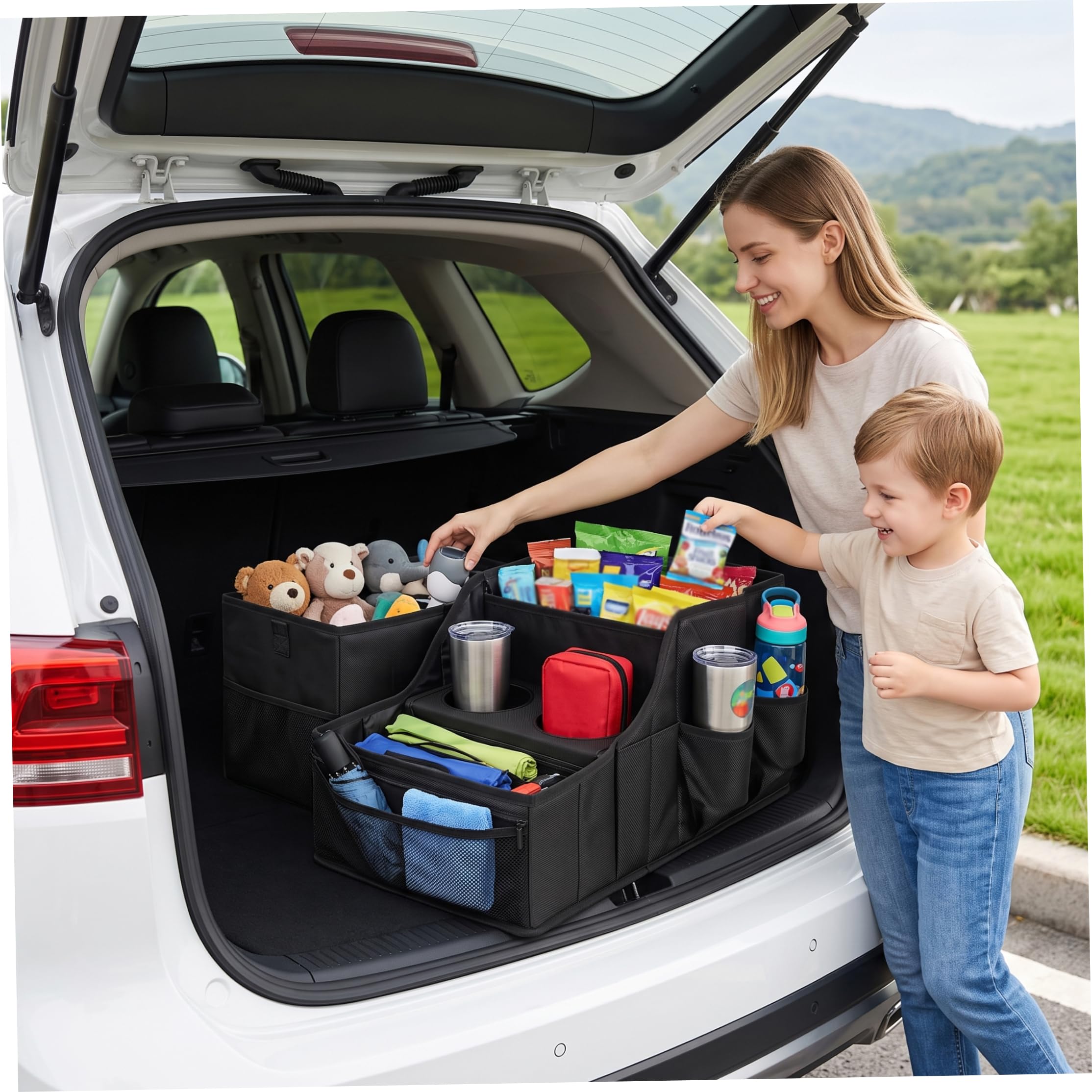 Organizer per auto, pieghevole, piccolo, nero | Contenitore multi-tasca, facile da piegare, ideale per viaggi in famiglia, piccoli veicoli