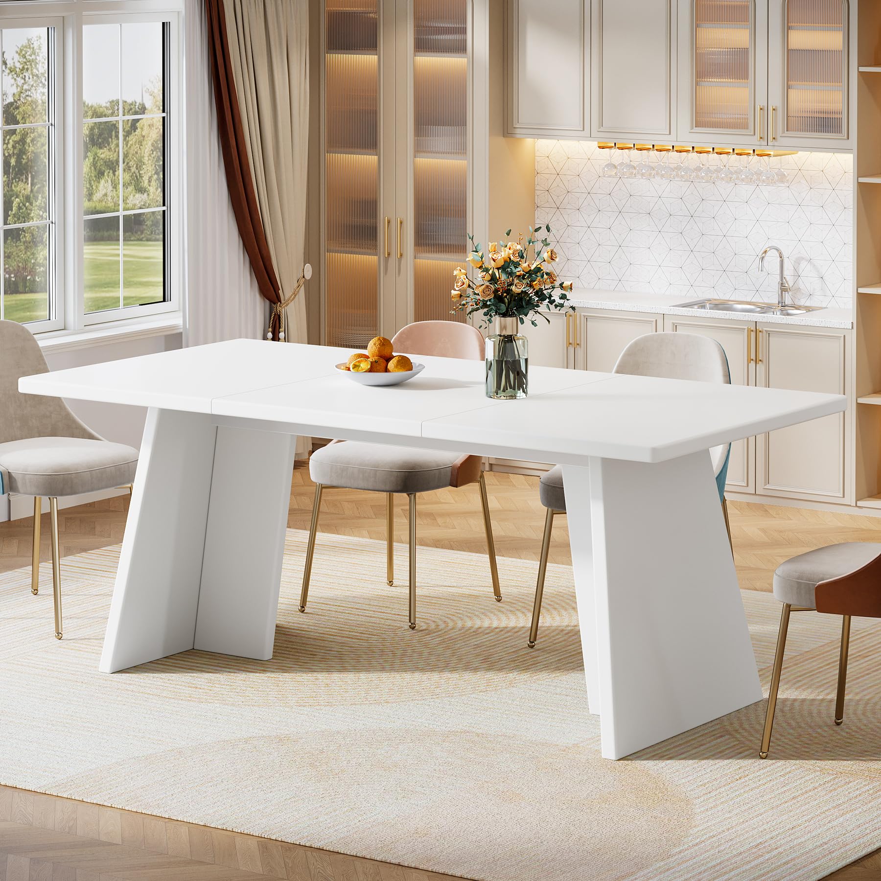 Tribesigns White Dining Table, 63" Modern Kitchen Table with Glossy Tabletop and Double Robust Pedestal, Large Rectangle Wooden Eating Furniture for