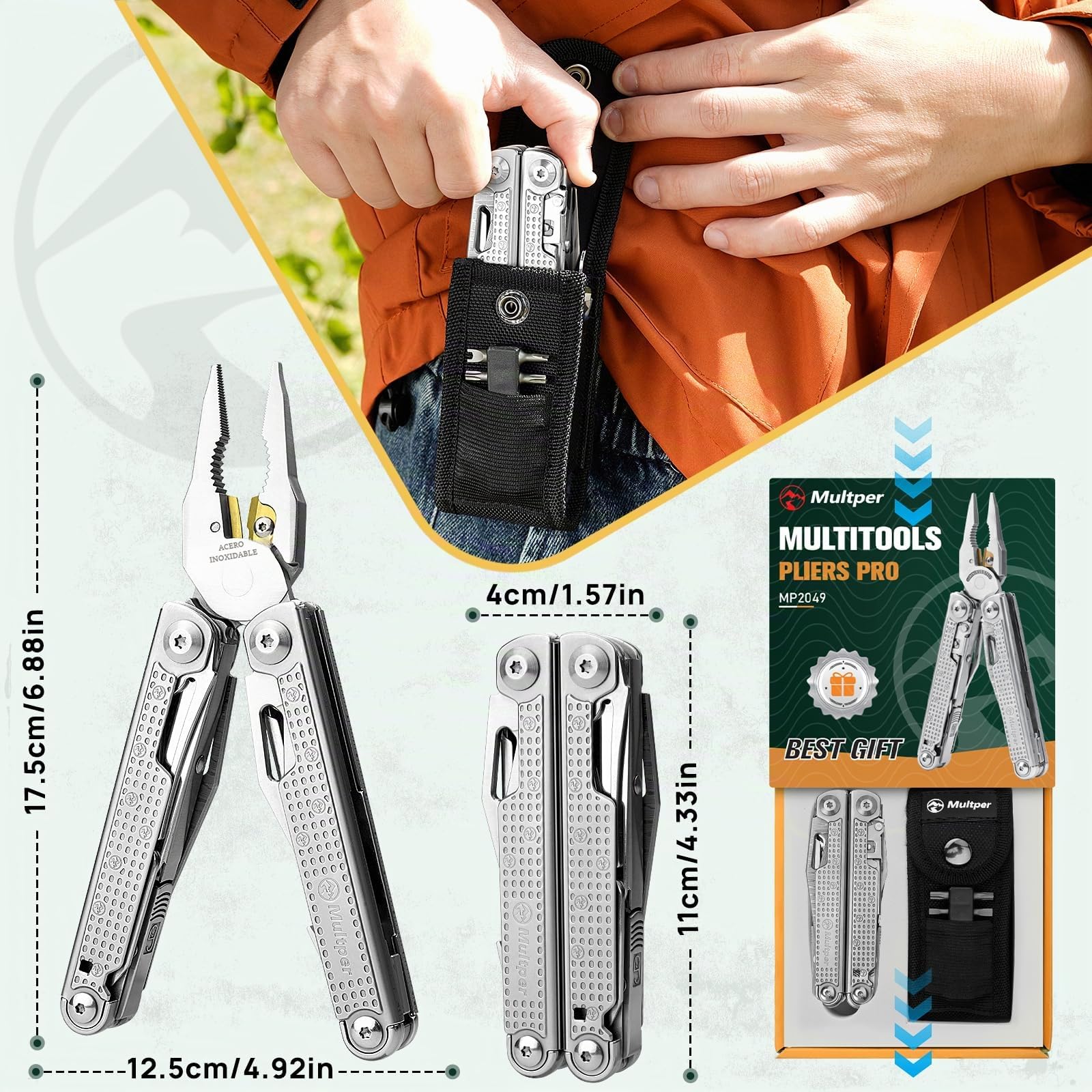 Multper Multiherramienta de Alicates, Navaja Multiusos de Acero Inoxidable con Cuchillo Damasco, Portátiles Alicates Plegables para la Trabajo Exterior, Camping, Reparación, Regalos para Hombres -PRO