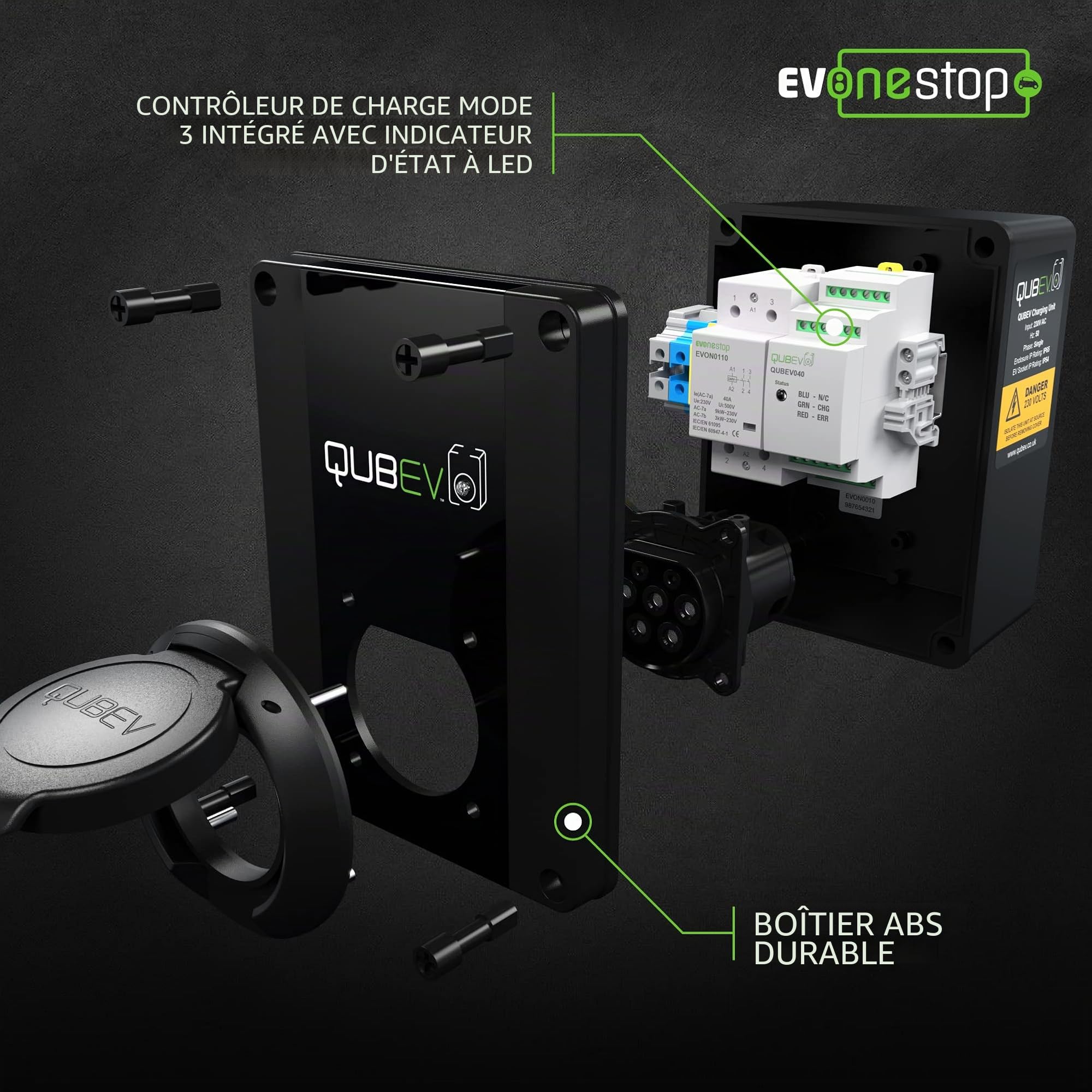 QUBEV Unité de chargement EV avec prise de type 2 Étanchéité IP65, 32 A et 7,2 kW