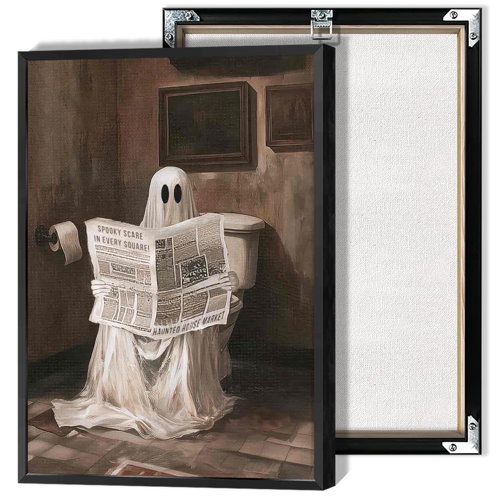 Vintage Ghost Sitting On Toilet Reading Newspaper Poster Bathroom Halloween Canvas Wall Art Dark Academia Rustic Fall Season Prints Painting For Home