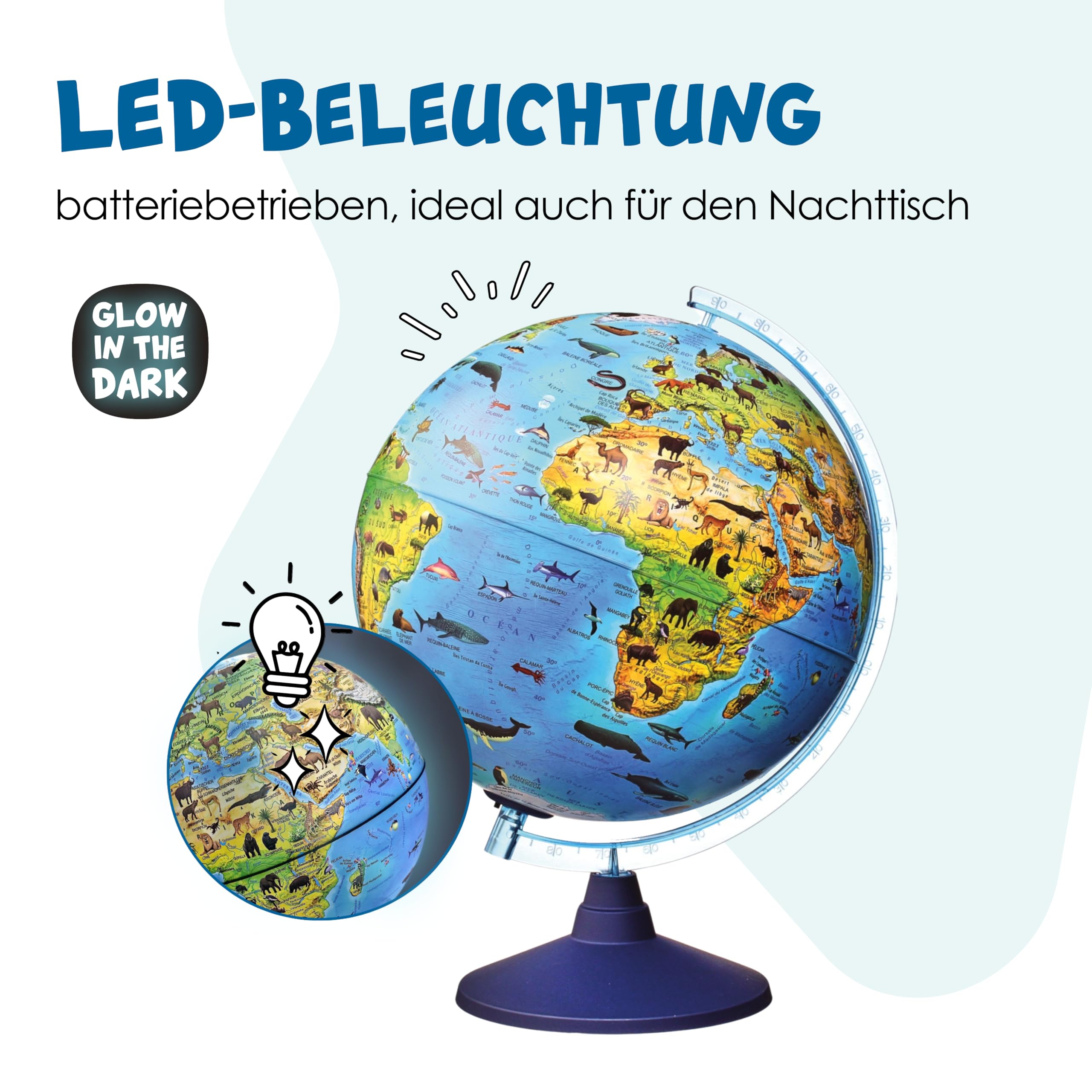 Alldoro 68620 3D Lexi Globus Zoo Ø 25 cm ze Smartfonem IQ Globe App, Świecący z Lampą LED Bez Kabla, Dziecięcy ze Zwierzętami, Mapa Świata, Geograficzny, Podświetlany