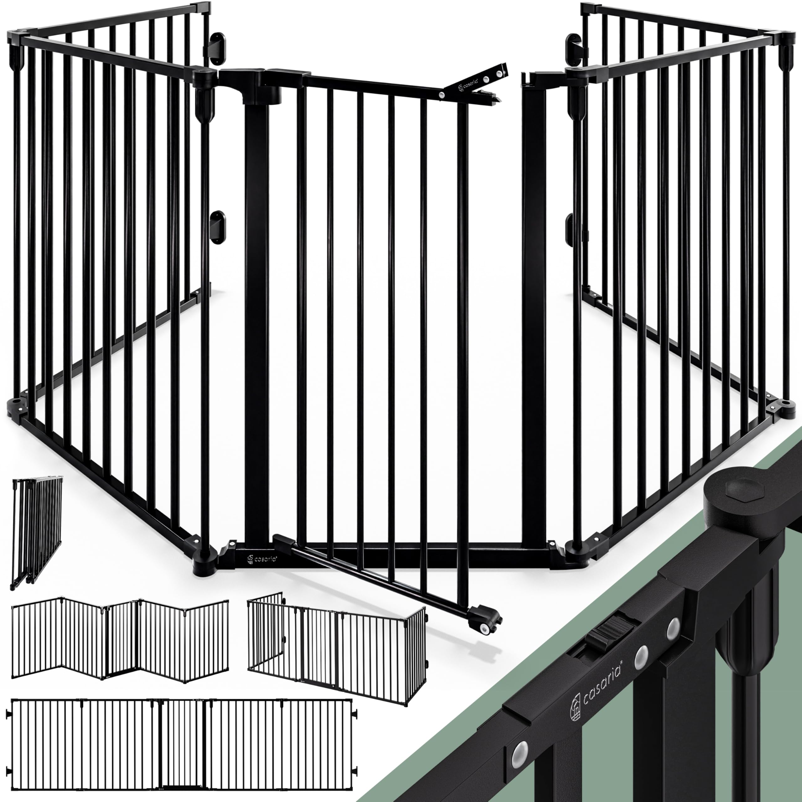 CASARIA Barrera de Seguridad Niños y Mascotas 306x76cm | 76Cm Altura, 10Kg, Acceso Seguro, Estable, Resistencia Calor, Ahorra Espacio, Rejilla Protector Chimenea, Puerta