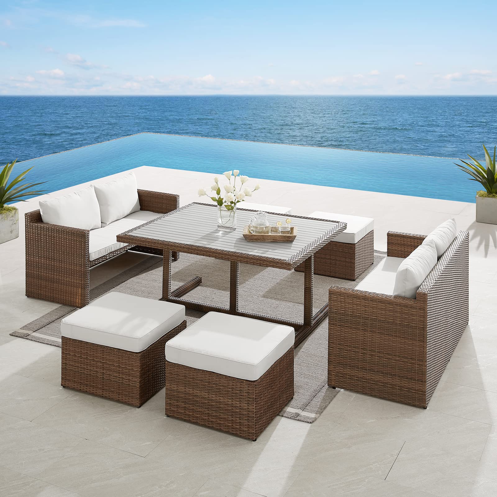Lepus 7 Piece Large Outdoor Dining Set, 8 Seater Wicker Patio Furniture Set w/Cushions, All Weather Deck Wicker Conversation Set with 2 Loveseats, 4