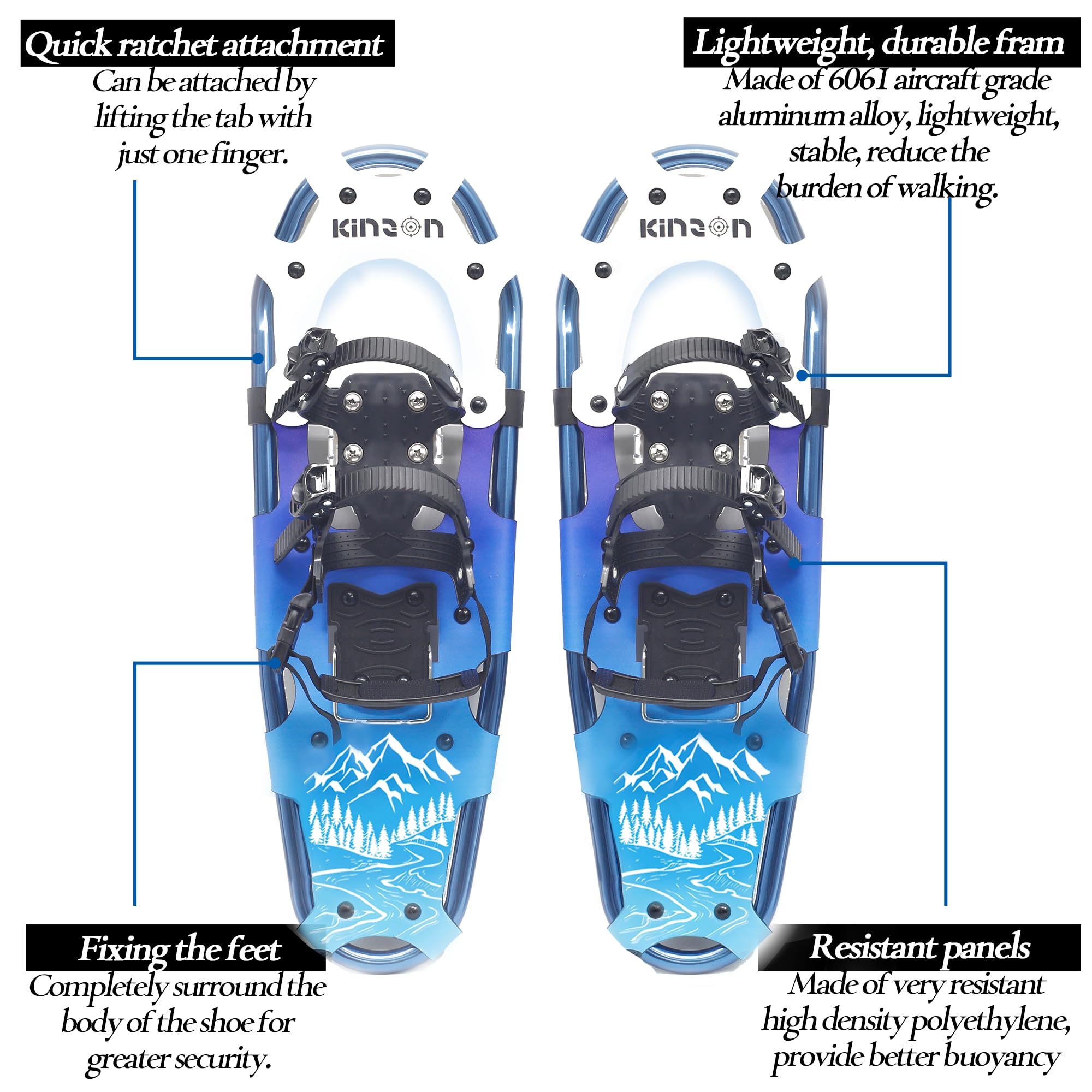 KinZon Raquettes à Neige 3 en 1, légères et Solides, avec bâtons de Trekking et Sac de Transport, Dispositif de rehaussement du Talon, Parfait pour la randonnée