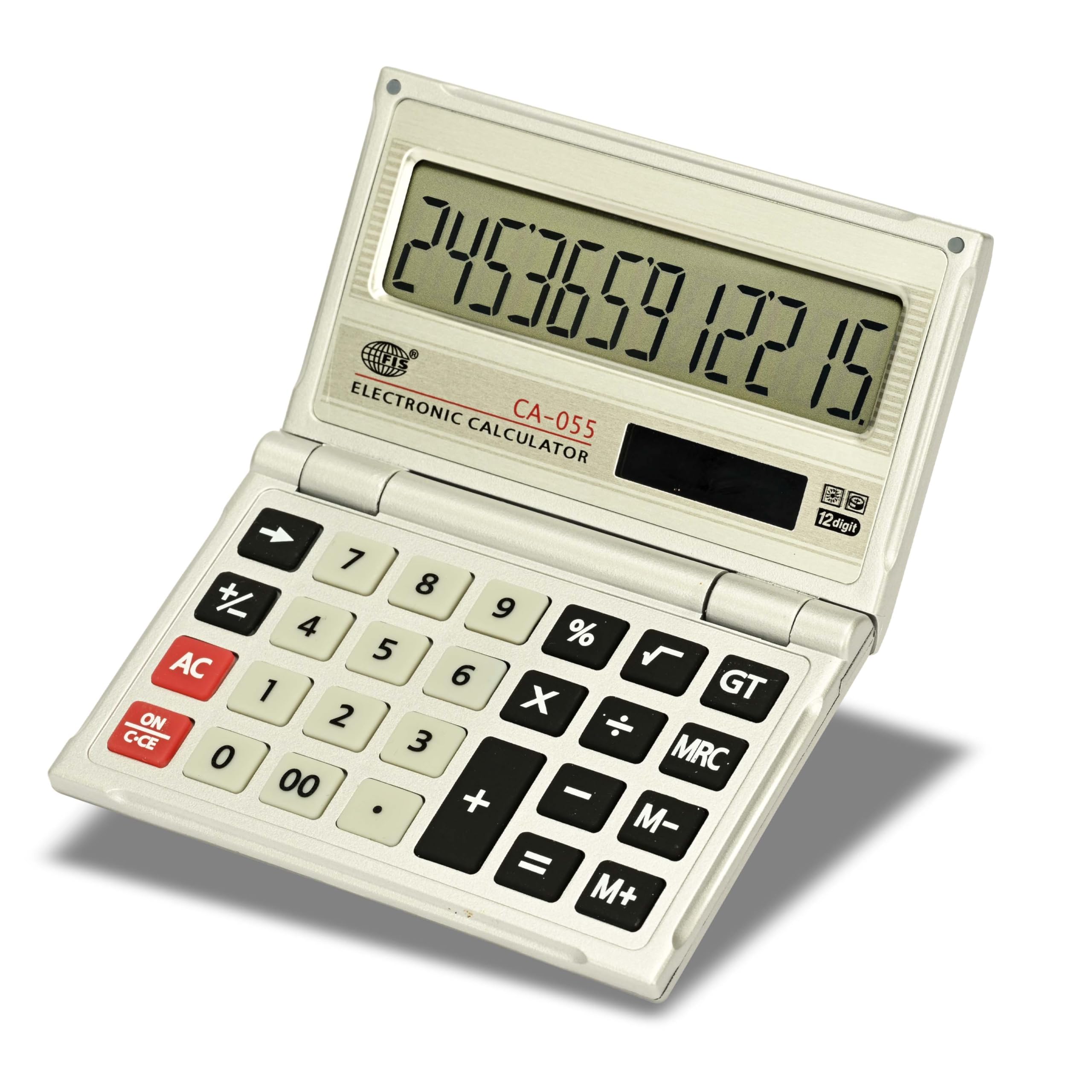 FIS Handheld Calculator 12 Digits, Size 94x110mm, Metal Body, Rubber Keys with Solar Power Features, Mettalic Color-FSCACA-055