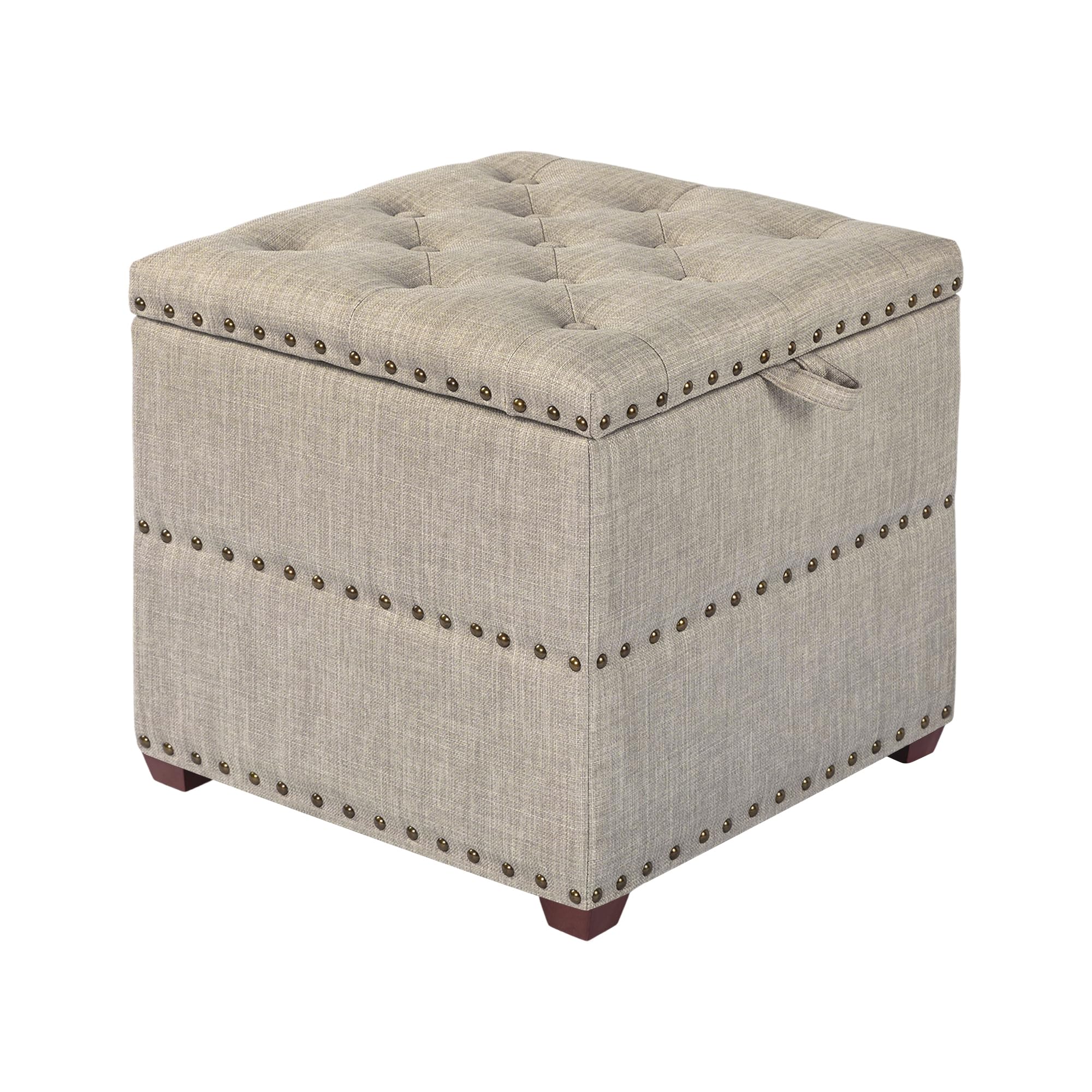Adeco 18 Inch High Cube Ottoman Storage, Linen Beige Chair Foot Stools with Tray, Upholstered Vanity Stool with Solid Wood Legs