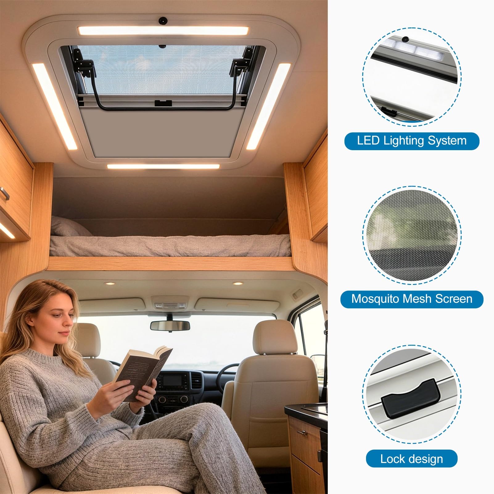 50x50cm Premium Wohnmobil Dachfenster / Dachluke / Dachhaube – 2V LED + UV-Schutz + Insektenschutz,70° Öffnung & Doppelfunktion,Für Camper, Wohnwagen, Caravan, Boot(19.7"x19.7")