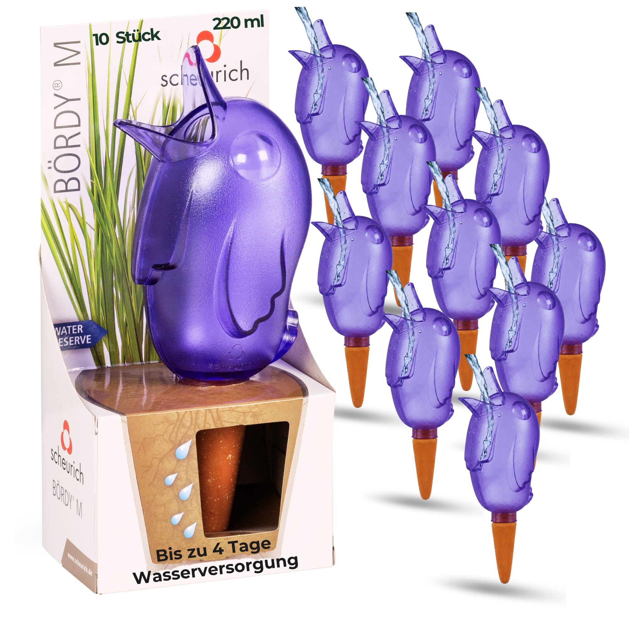 Scheurich Wasserspender Bördy M | 10 x Lila | 220ml Füllmenge | Bewässerungskugel klein mit Ton Fuß | Wasserspender Pflanzen und Blumen Terrakotta Stiel